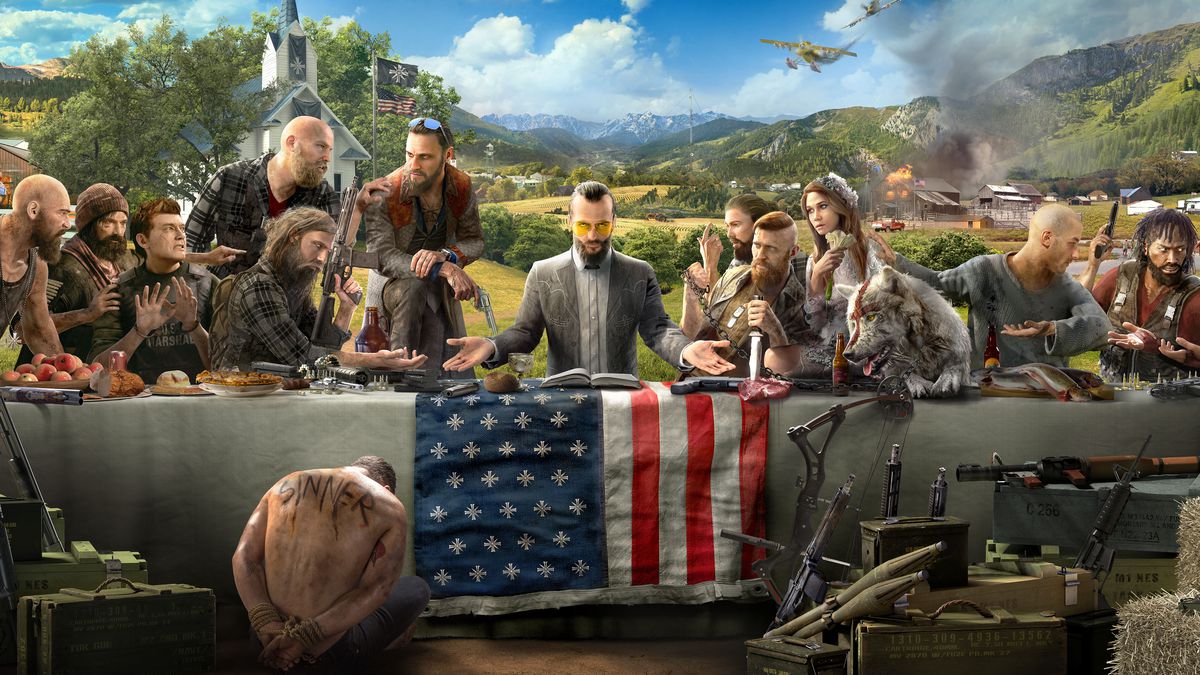 The Father and his family overlook a 'banquet' in the Far Cry 5 cover art