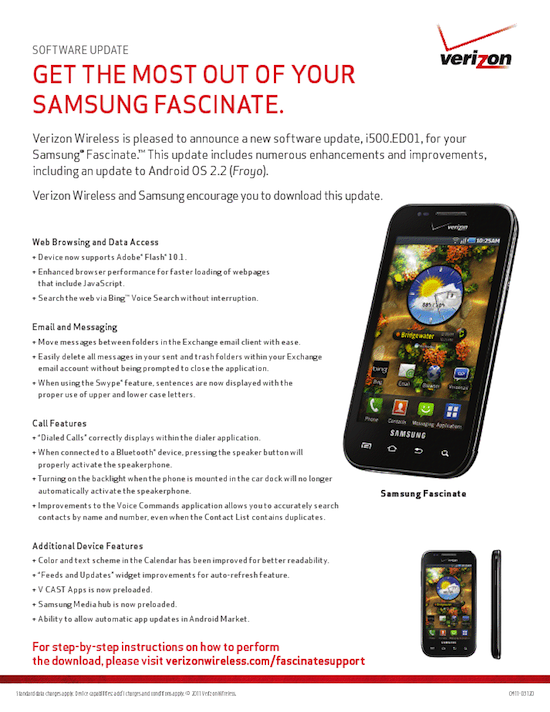 Verizon Samsung Fascinate 2.2 Software Update Page