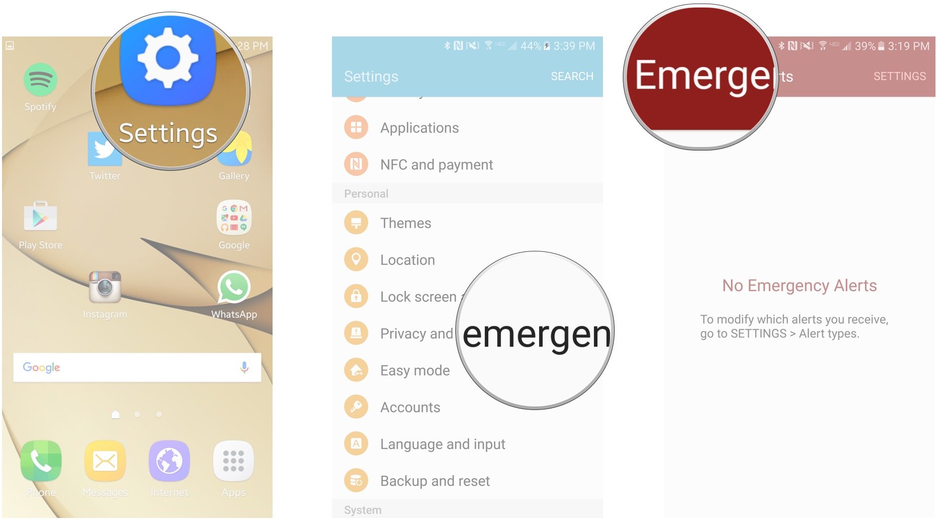Launch Settings, tap Privacy and emergency, tap Emergency alerts