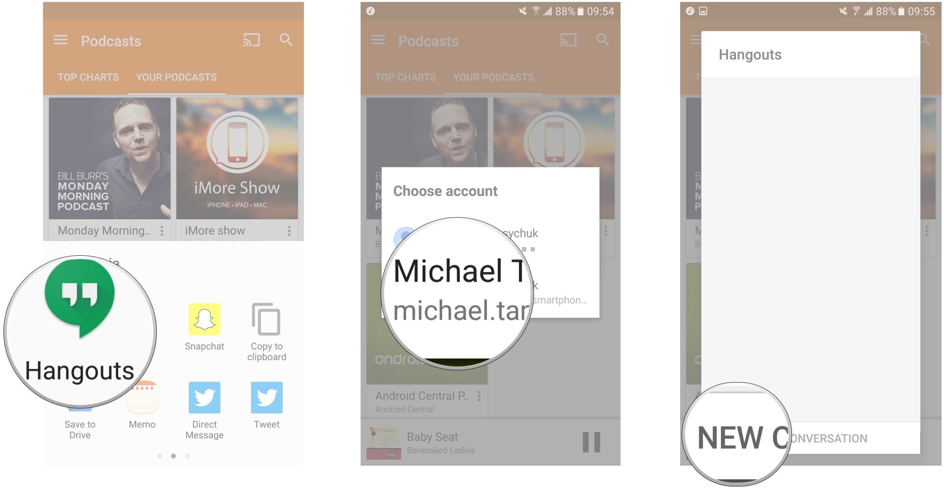 Tap Hangouts, choose an account if prompted, tap New conversation or choose an existing one