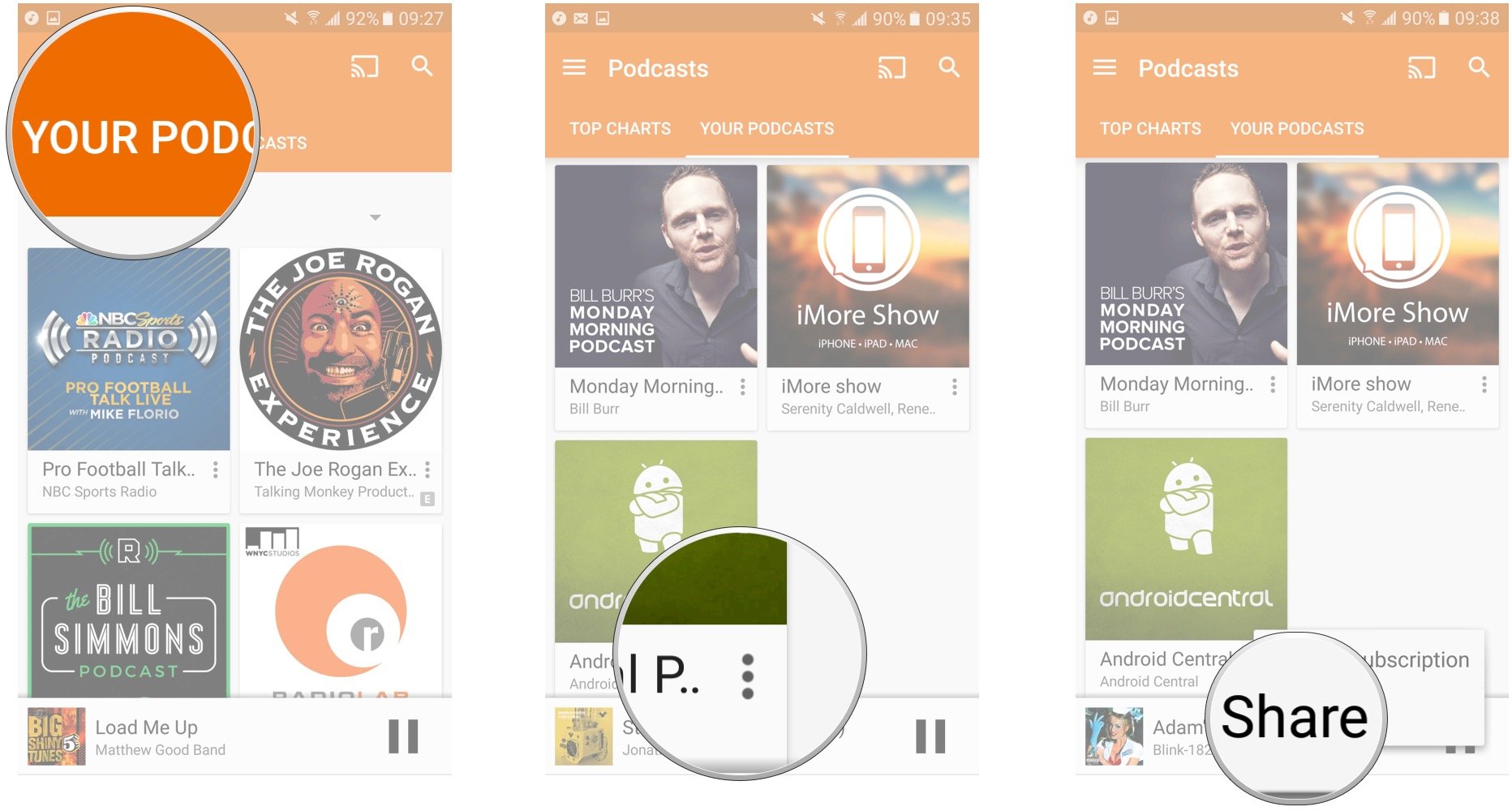 Tap Your Podcasts, tap the menu button, tap Share