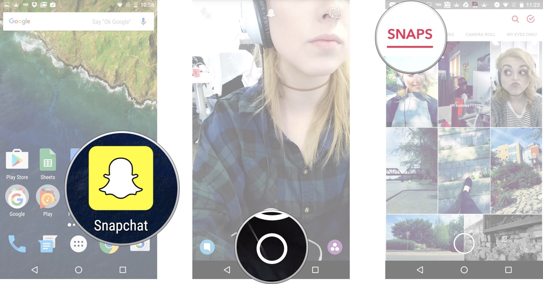 Launch Snapchat from your home screen and tap on the smaller white circle underneath the shutter button to access Memories. Tap the Snaps tab.