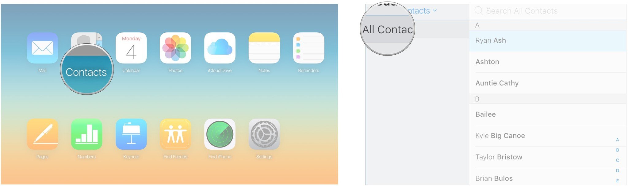 Sign into iCloud, click Contacts, click All Contacts