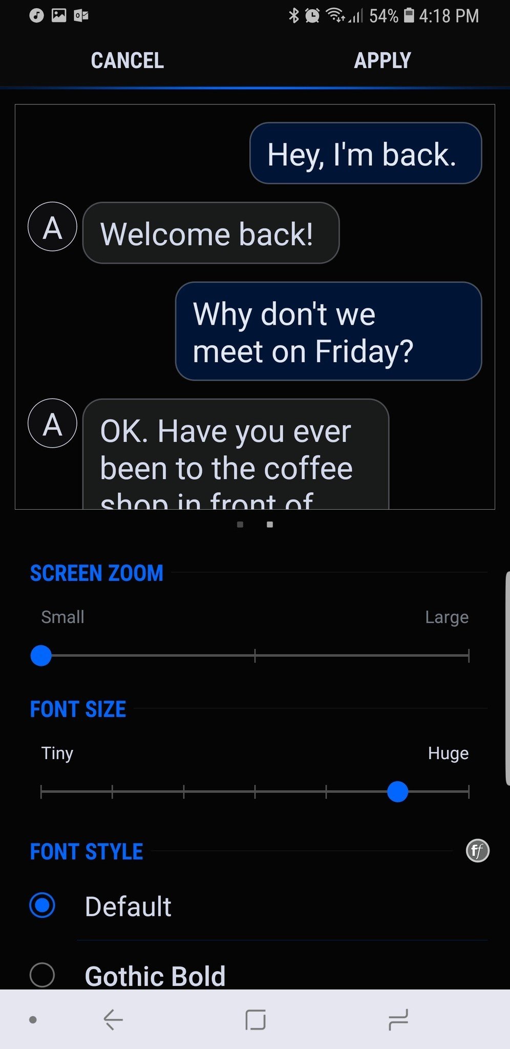 how to change text message font size on samsung