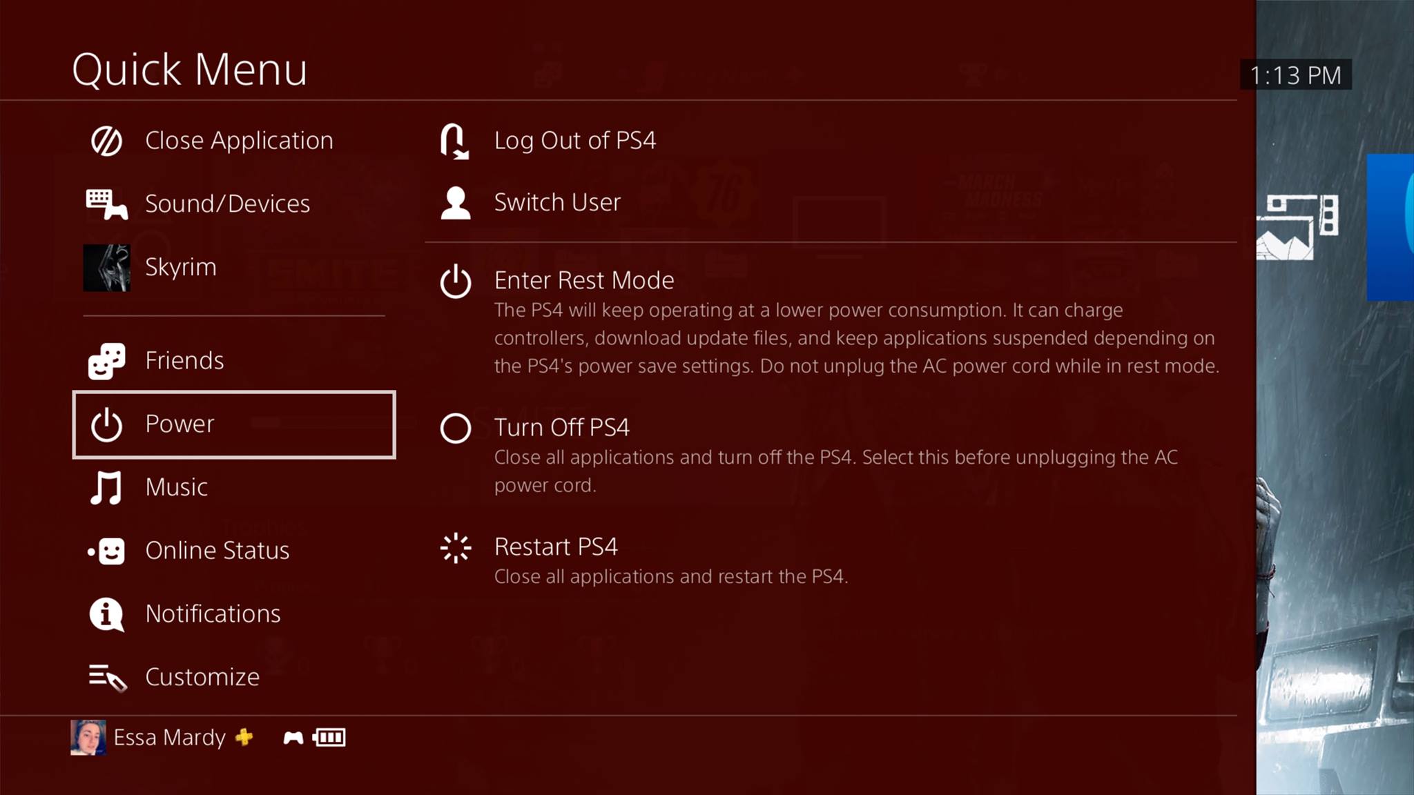   Aquí puede encontrar la opción para seleccionar el modo de suspensión desde la PlayStation 4 menú principal 