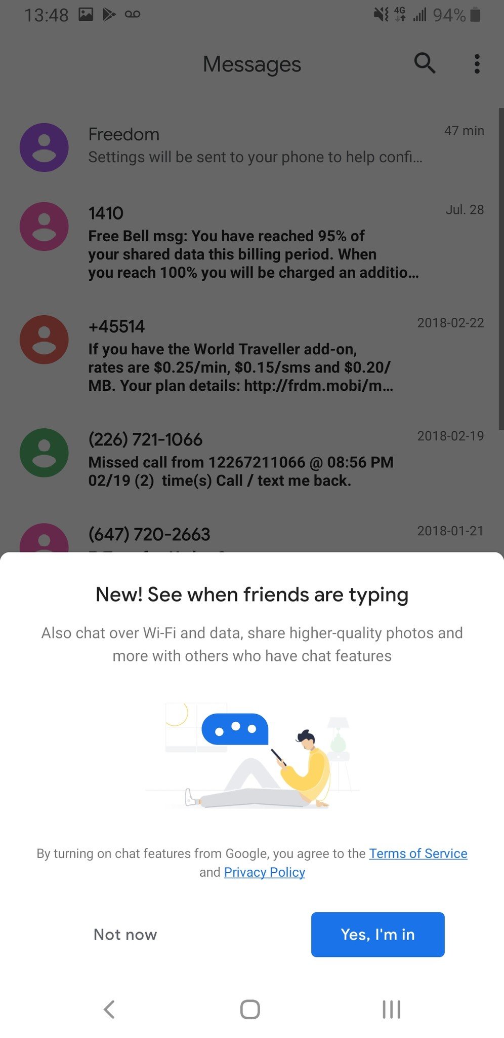 Google Messages with chat pop-up