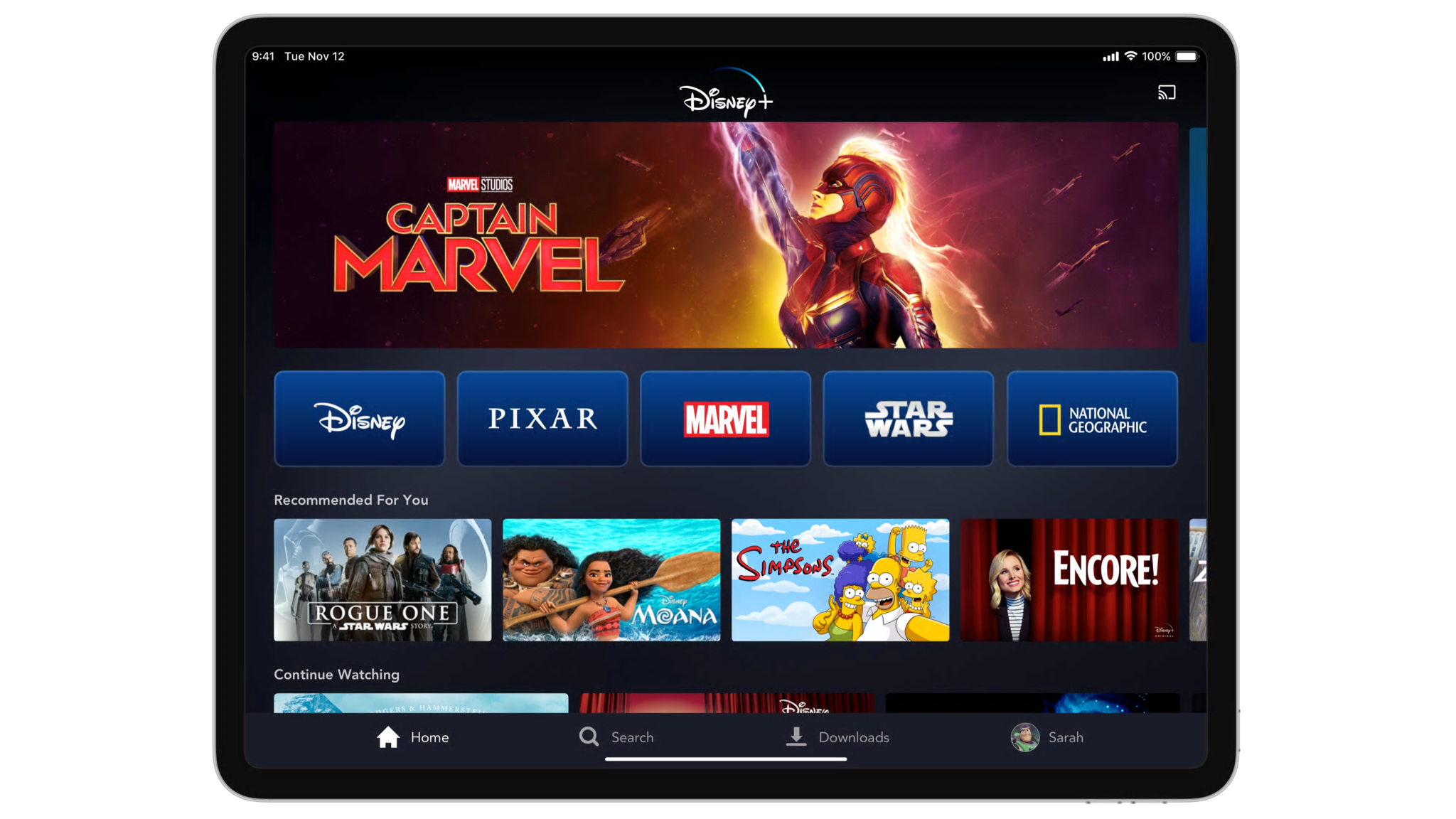Disney+ video selection on a tablet