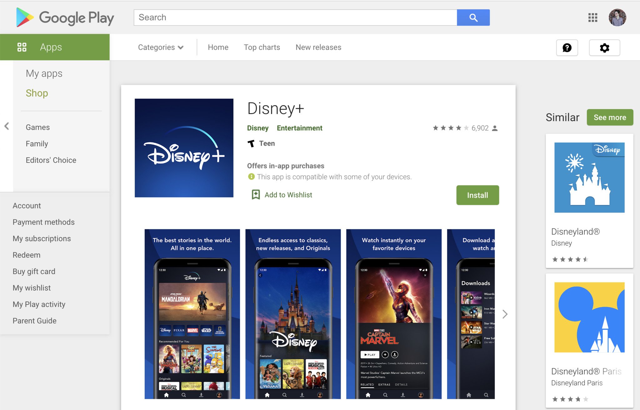 Disney+ Play Store listing on desktop