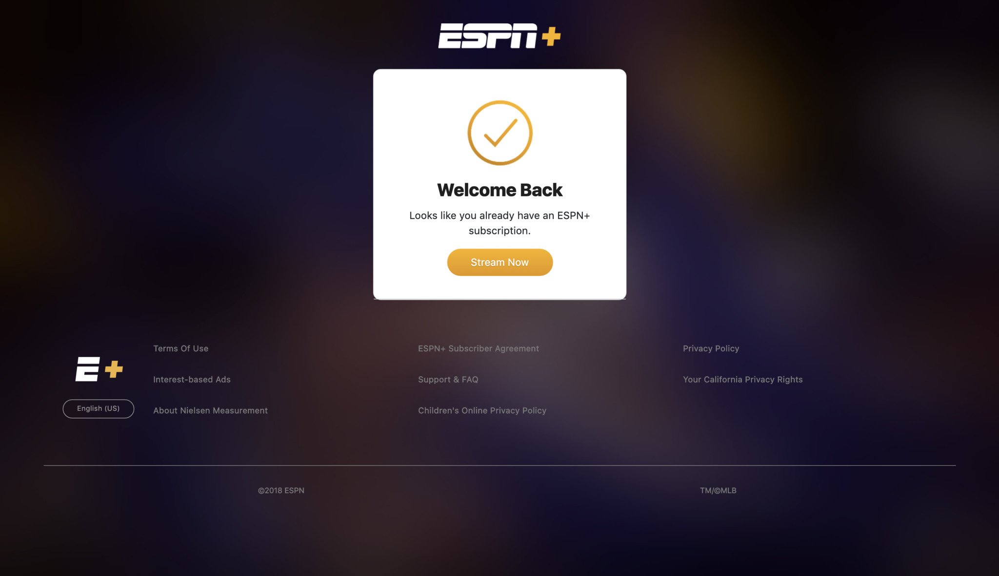 ESPN+ log in confirmation page