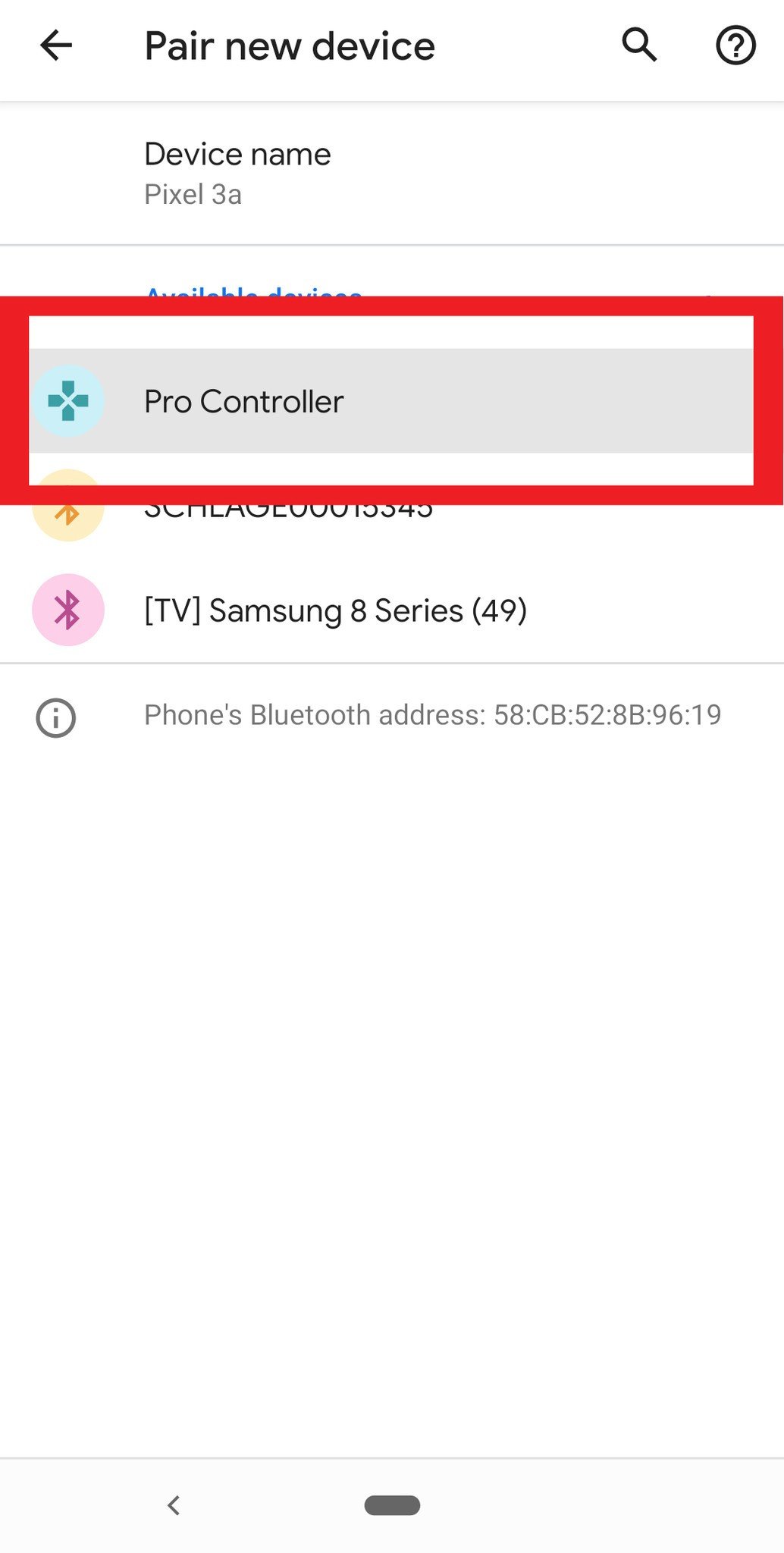 Selectin Pro Controller on Pixel 3a