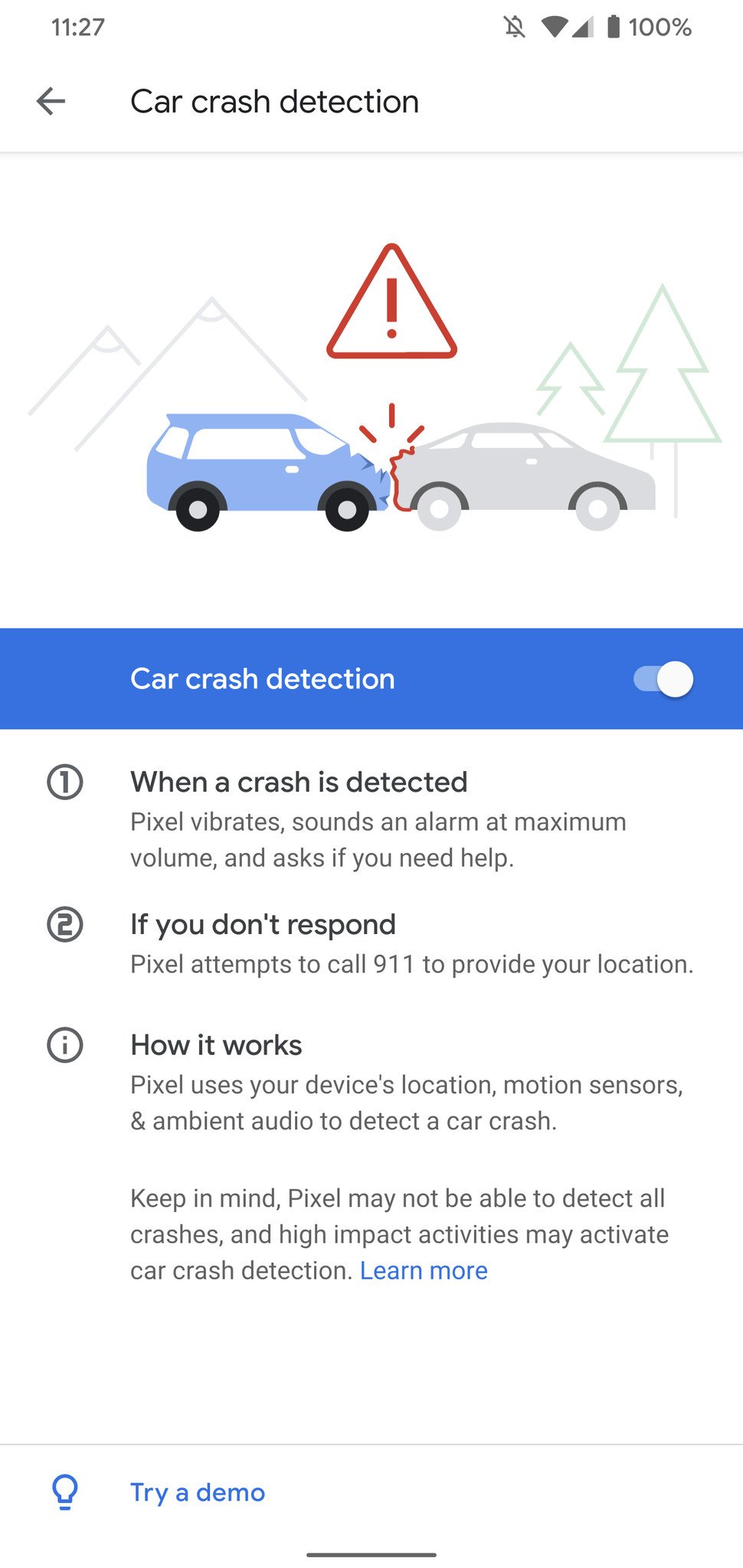 Car crash detection page in the Personal Safety app