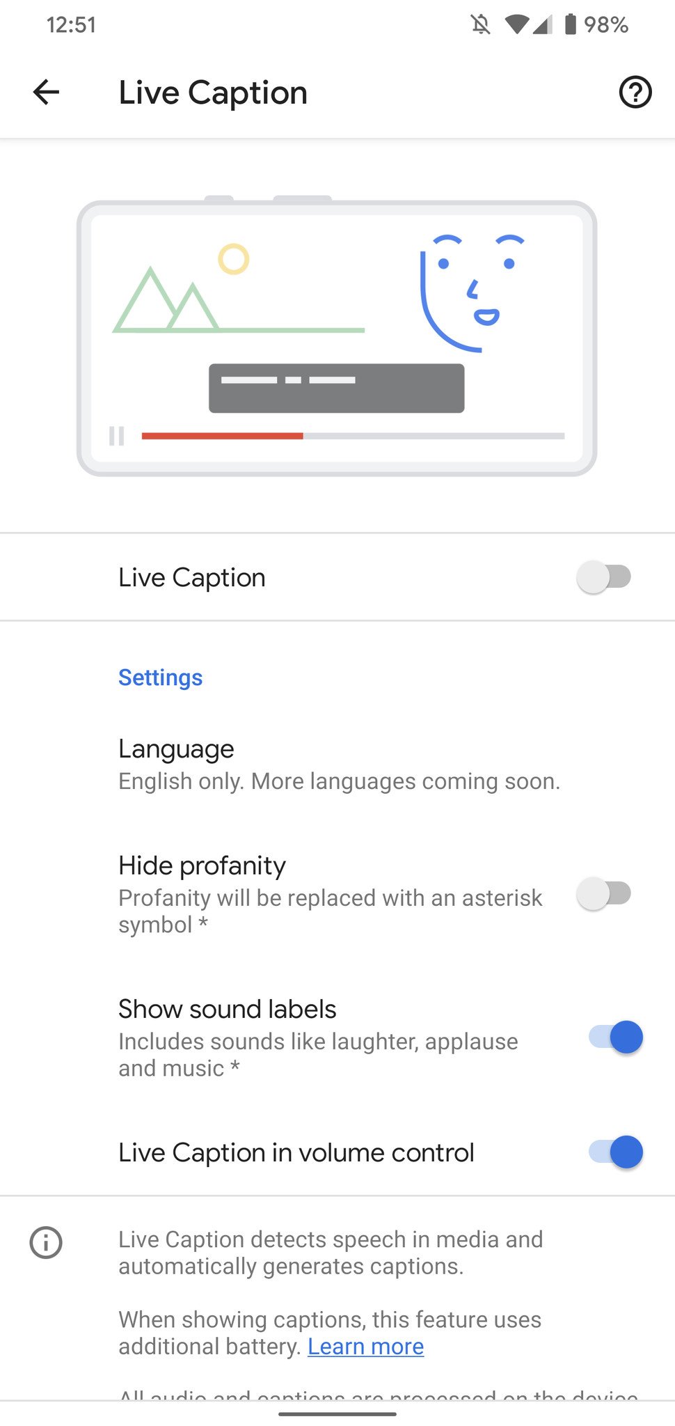 Live Caption settings for the Pixel 4