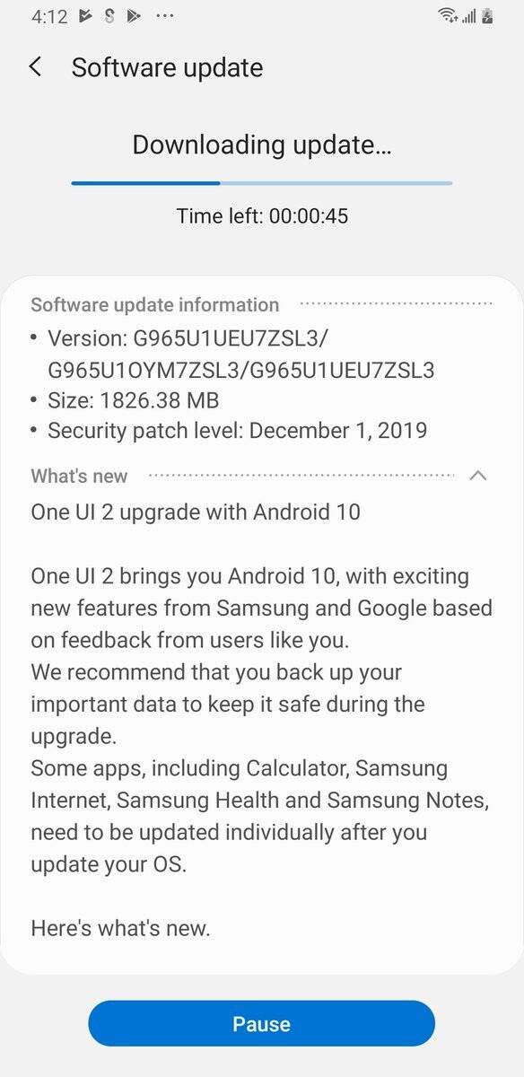 Samsung Galaxy S9 Android 10 update