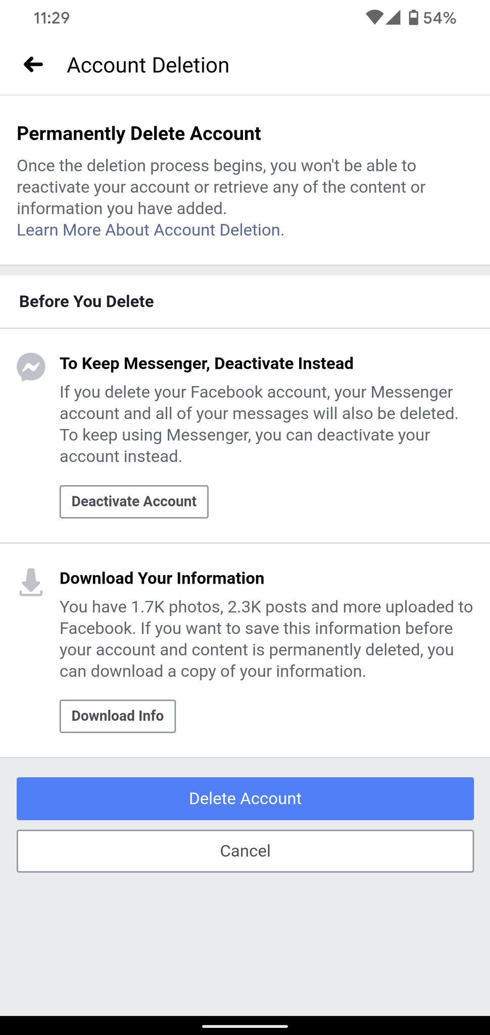 Facebook deactivation page