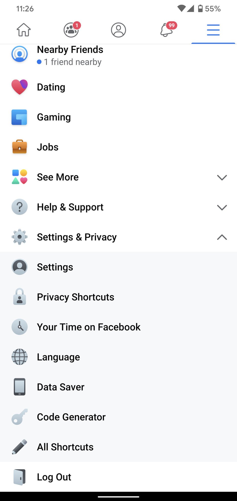 Facebook menu settings