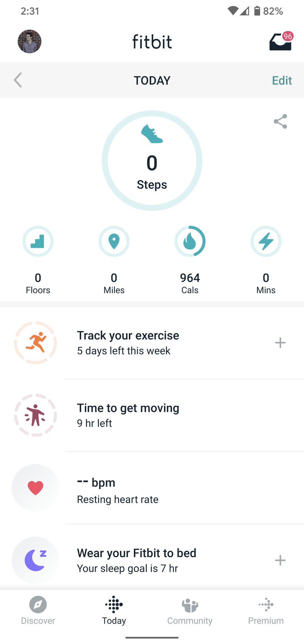 Fitbit app Today page