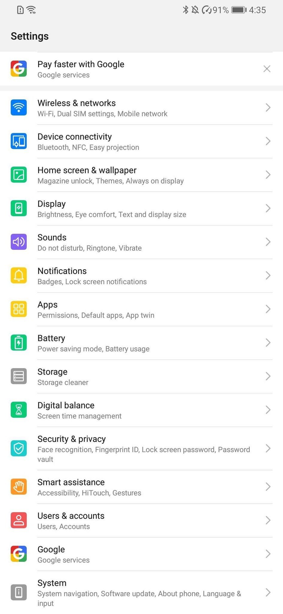 Huawei settings page