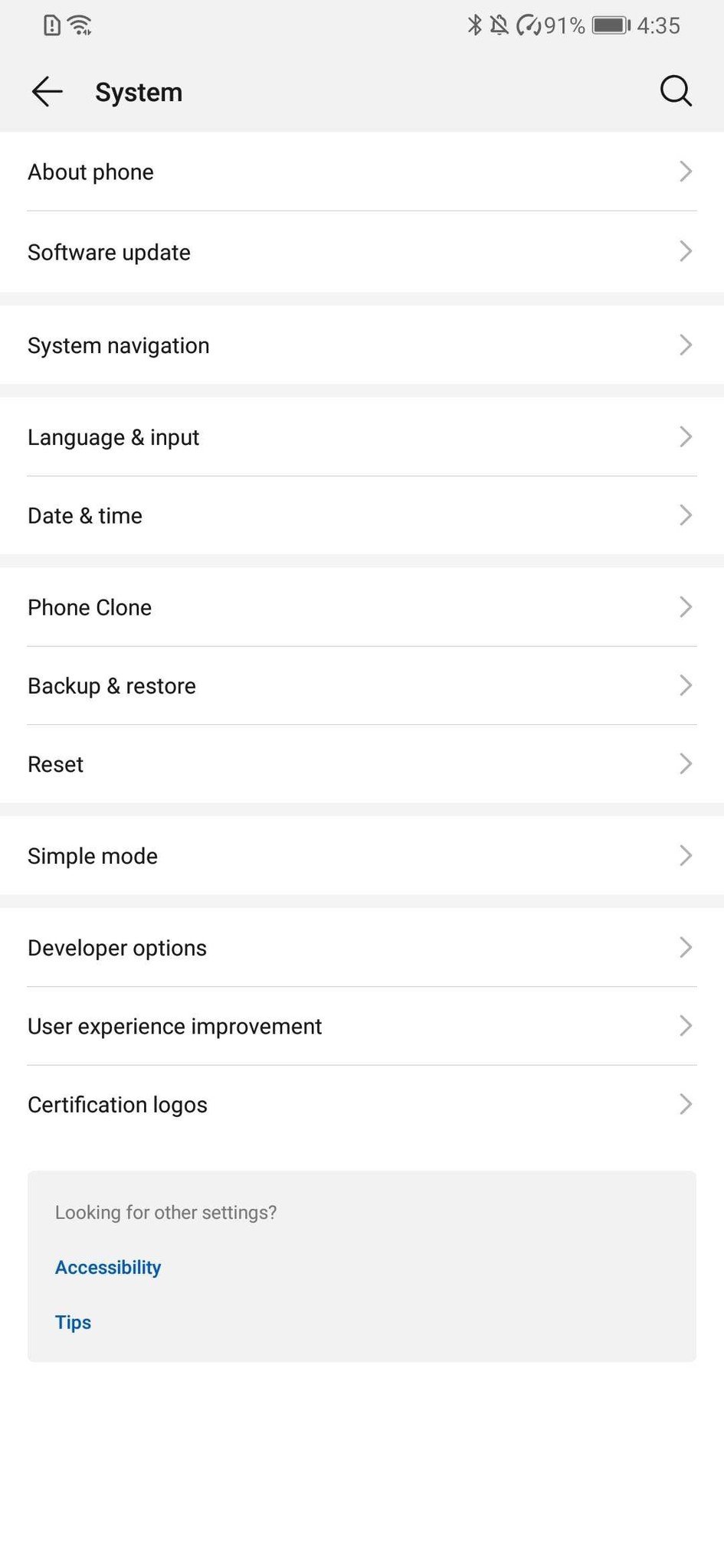 Huawei System Settings Page