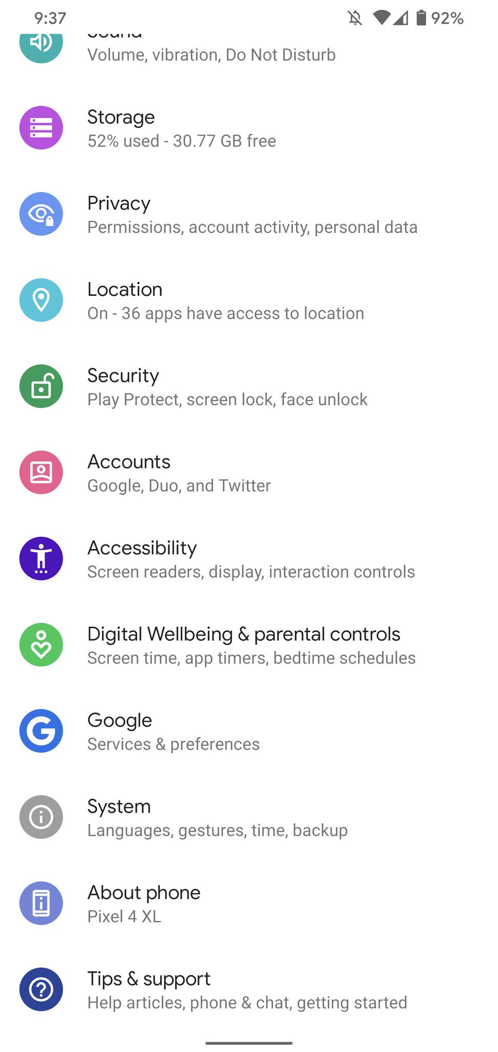 Android 10 settings page