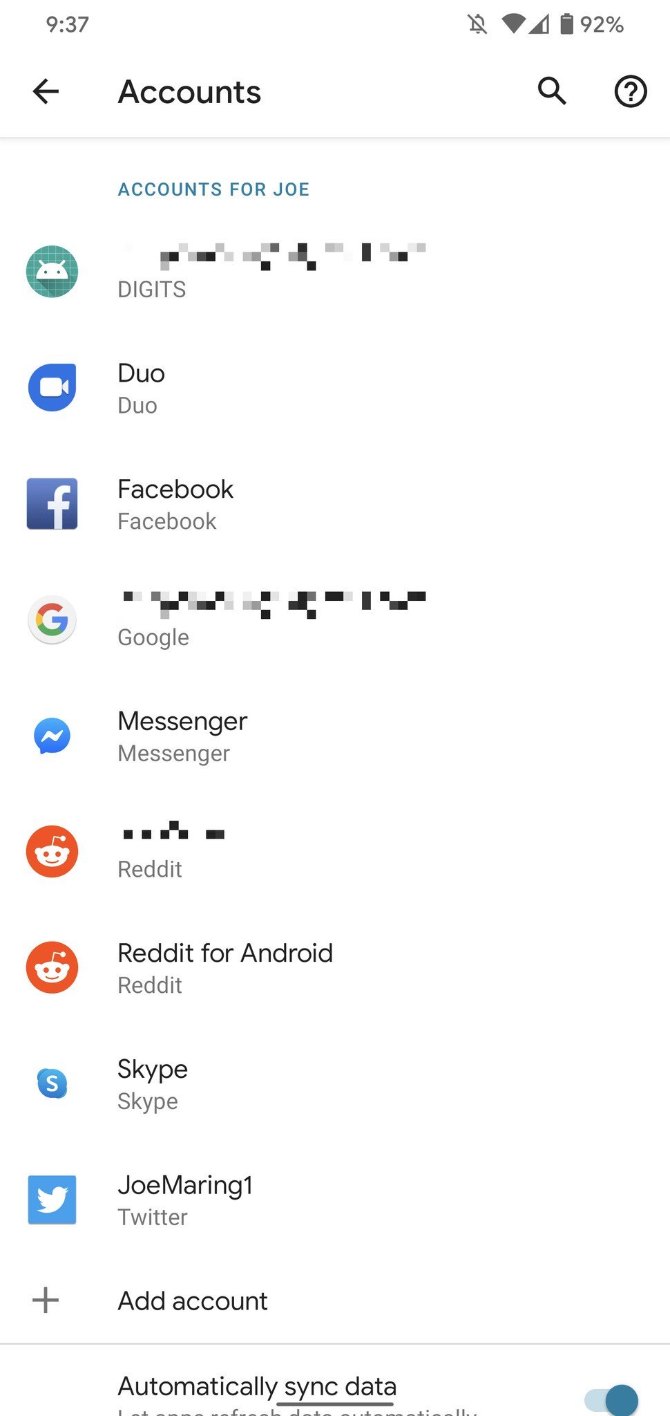 Android Accounts page