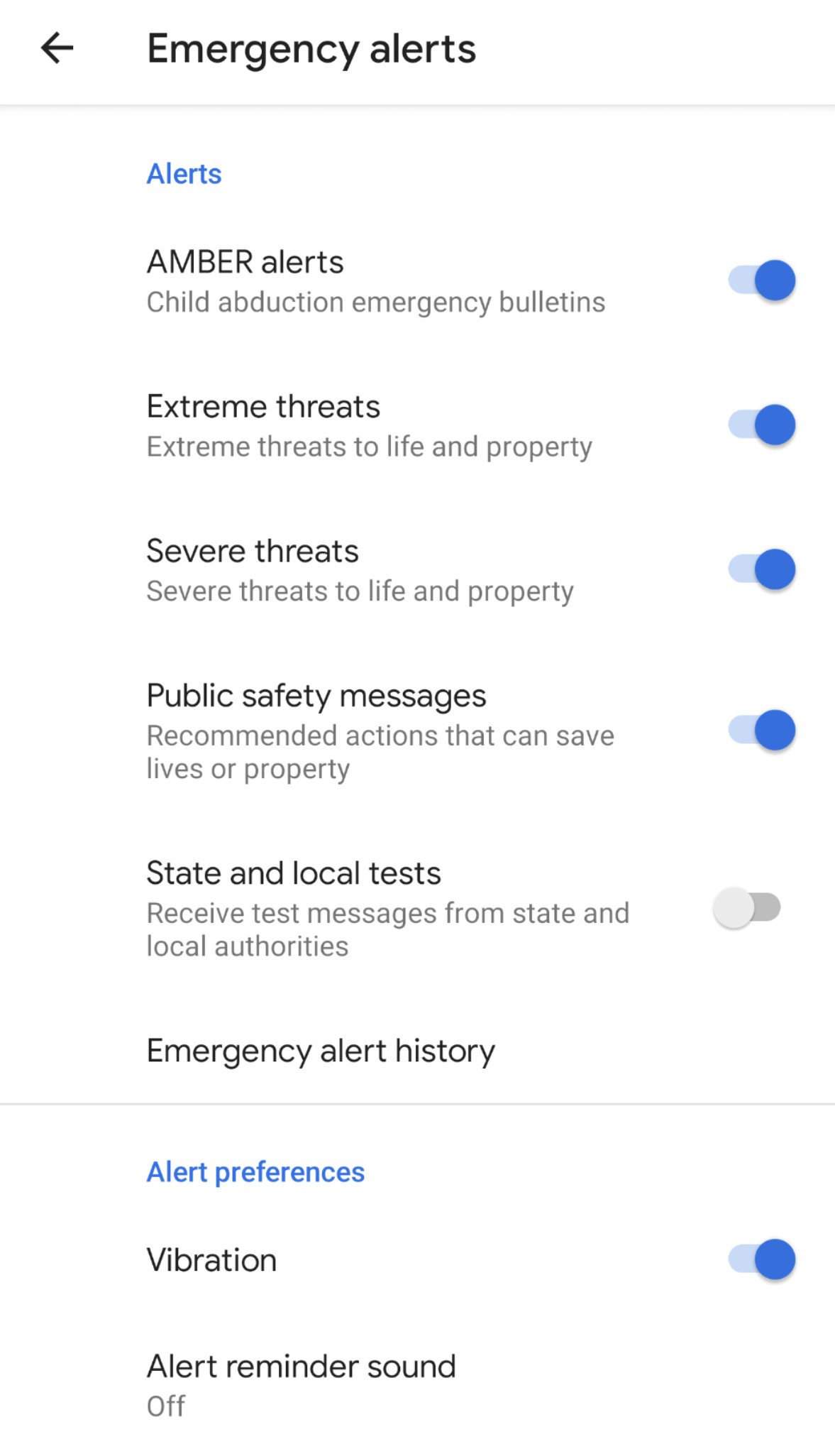 Emergency alert settings on Android 10