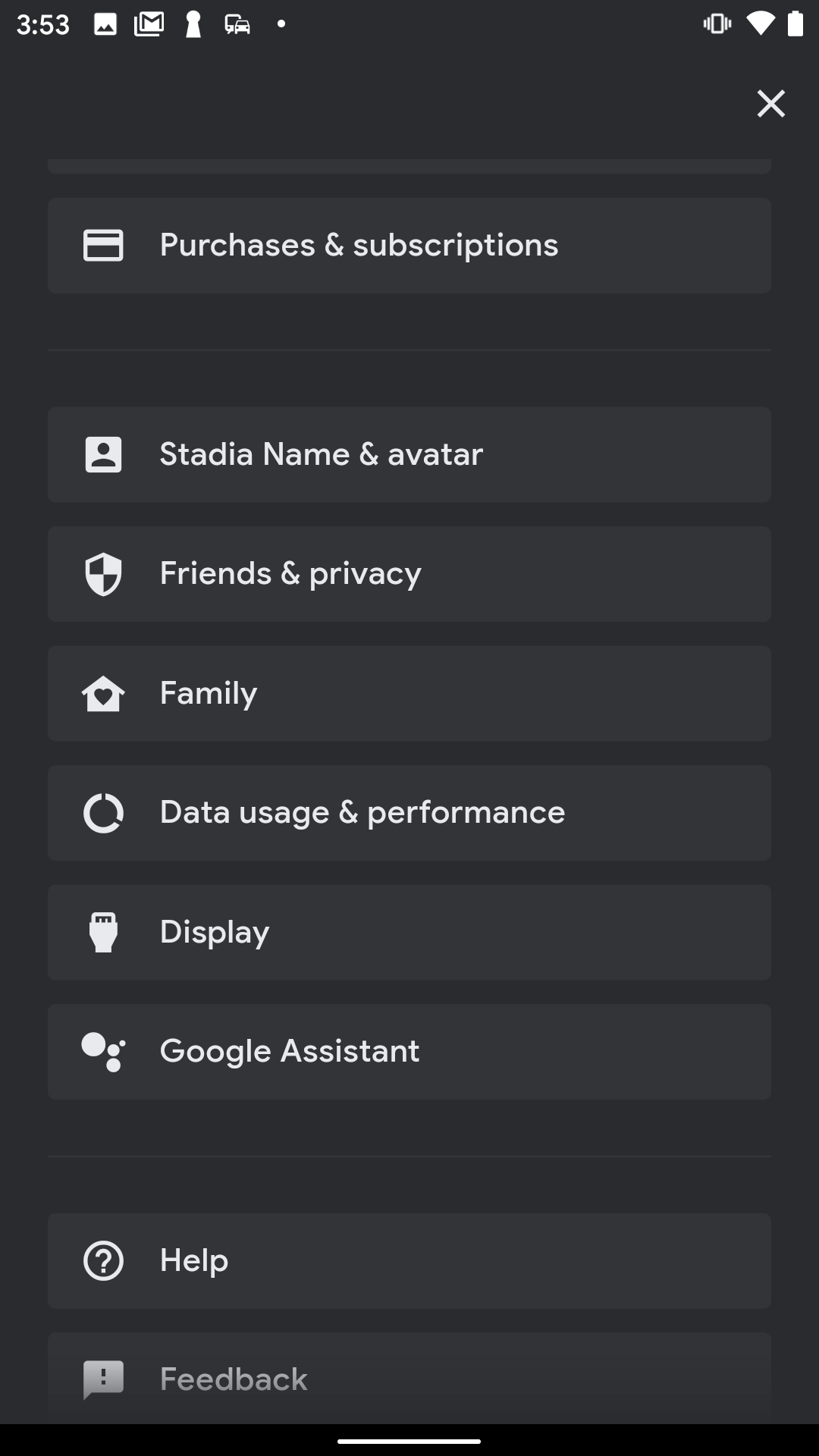 Stadia settings screen