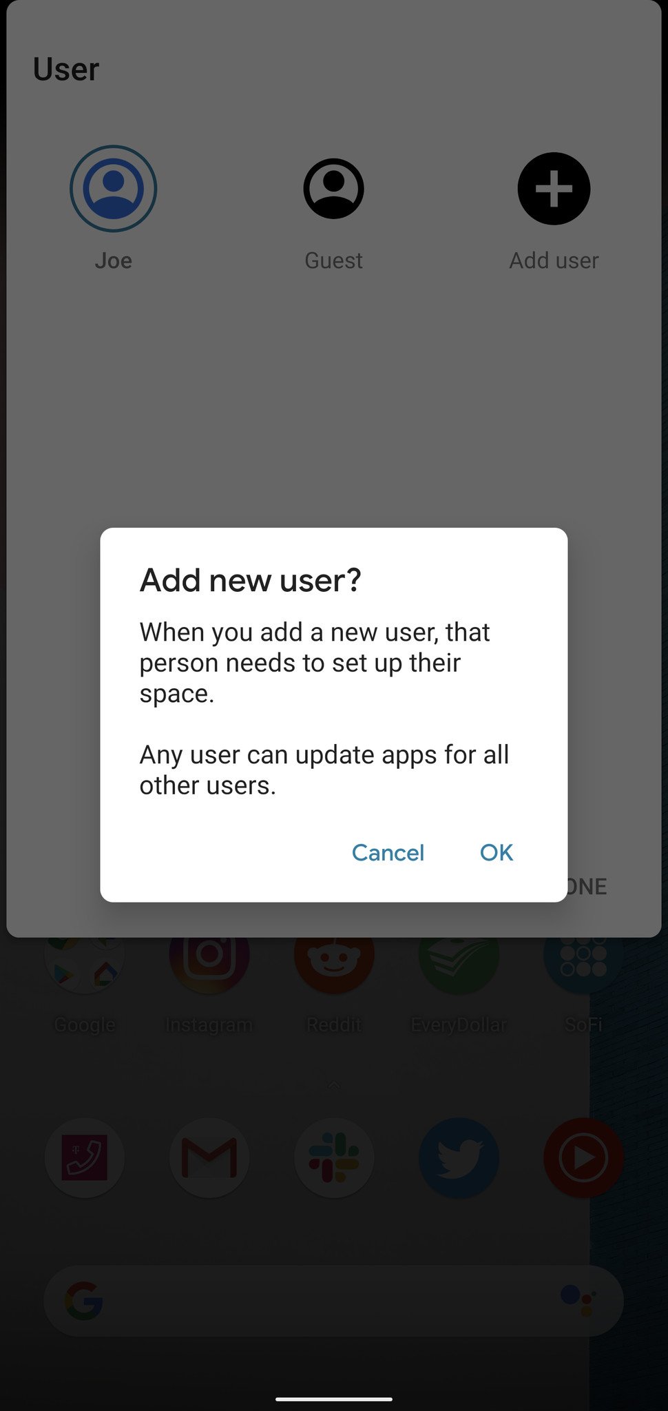 Adding a new user to an Android phone