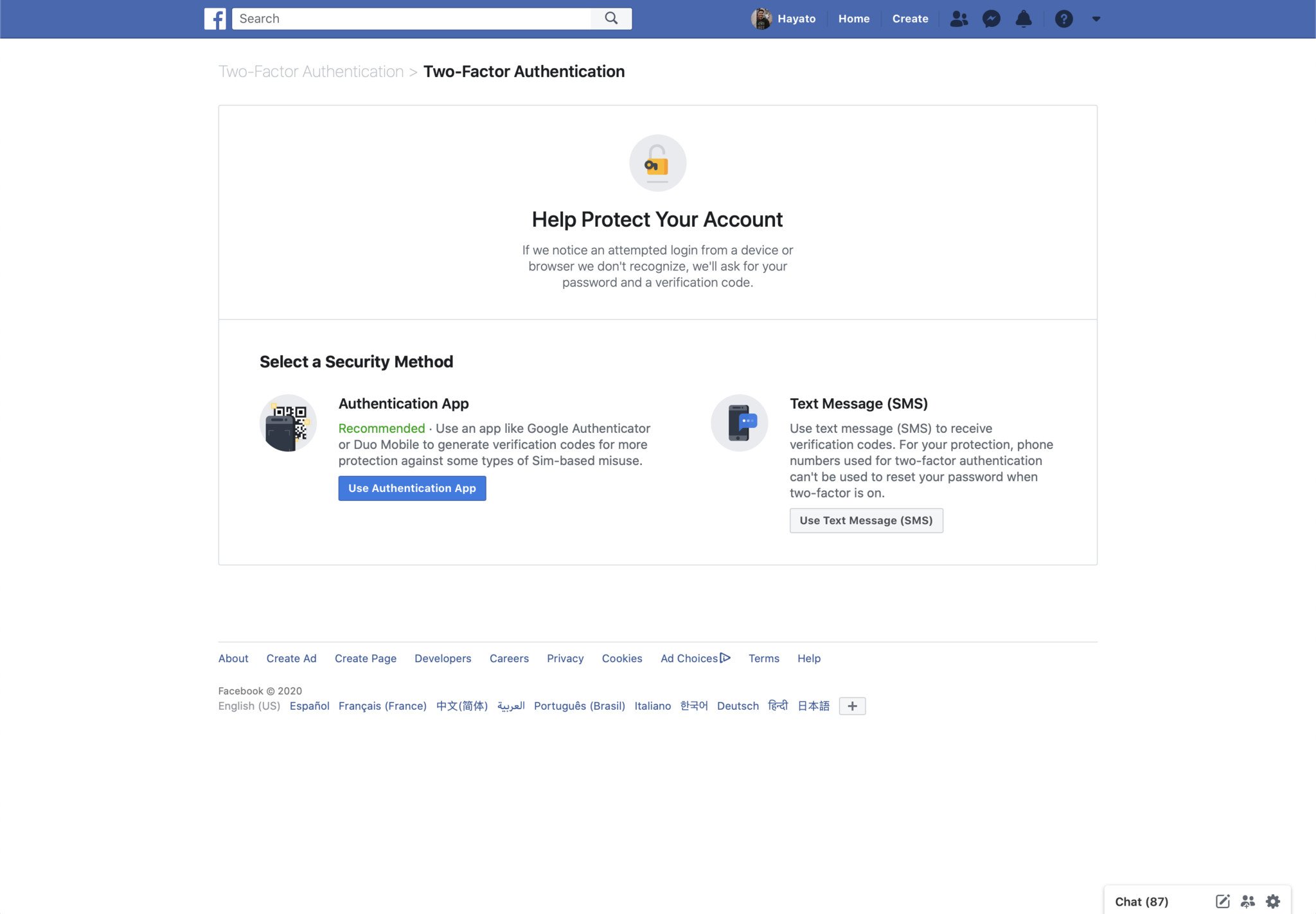 Facebook two-factor authentication setup