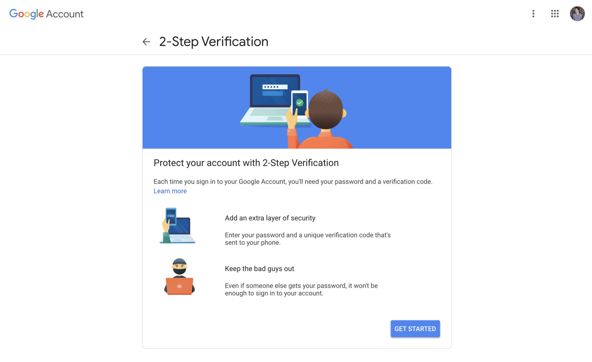 Setting up two-factor authentication on a Google account