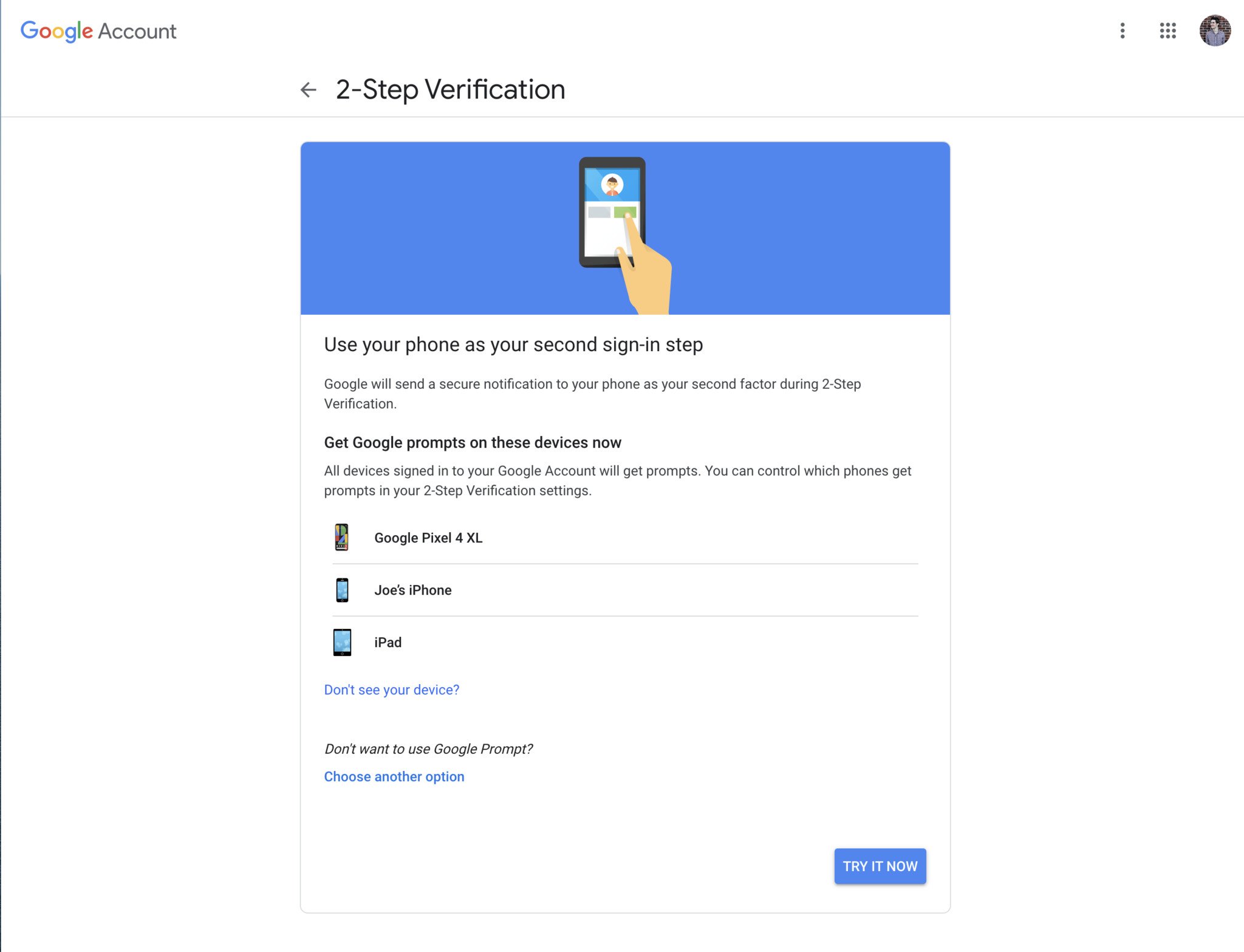 Setting up two-factor authentication on a Google account