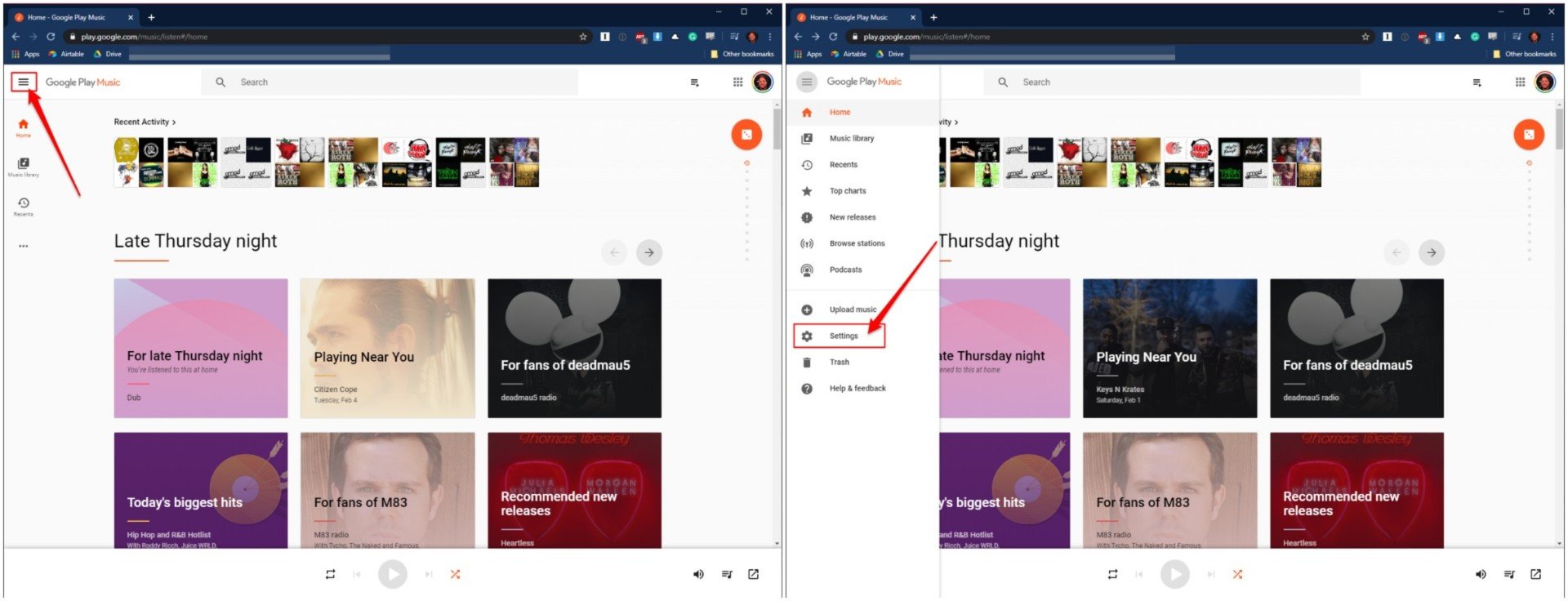 Open Google Play Music Settings from Browser
