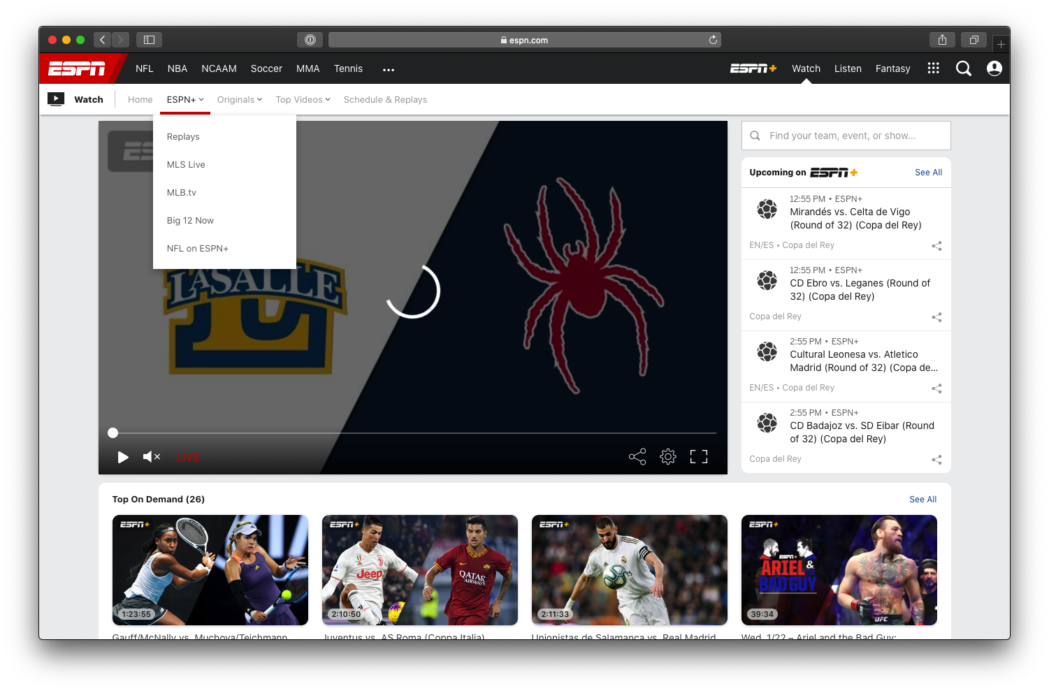   Web de contenido ESPN Plus 