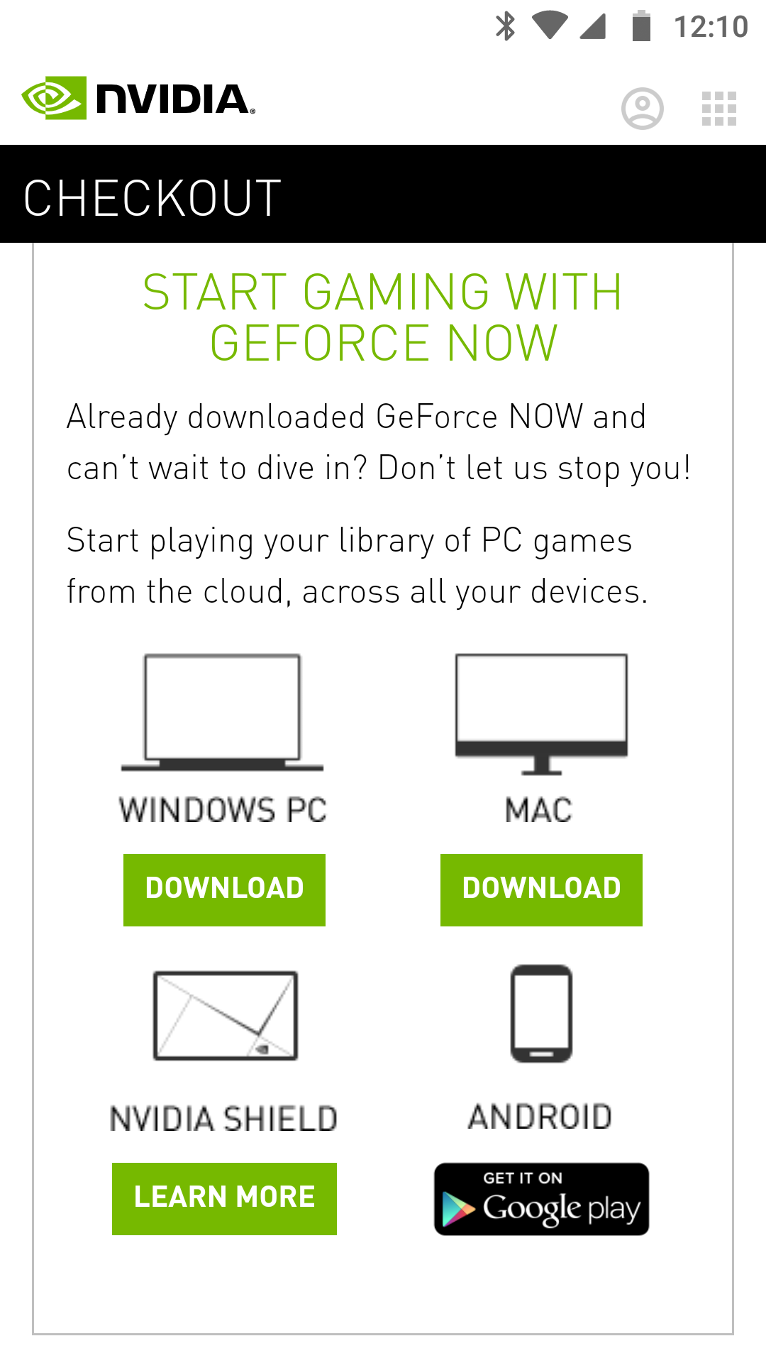 Geforce Now Checkout Page Android