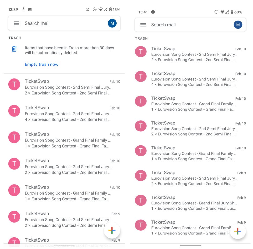 Before / After in the Gmail app