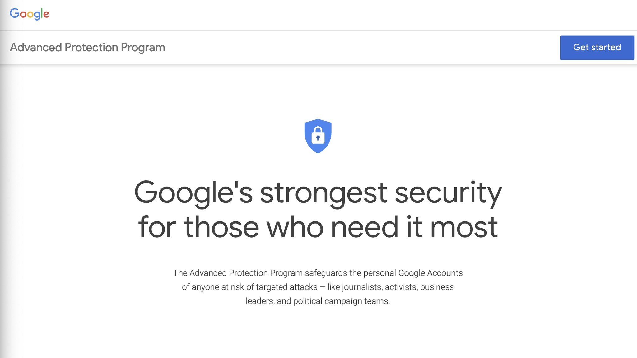 Google Advanced Protection Program landing page