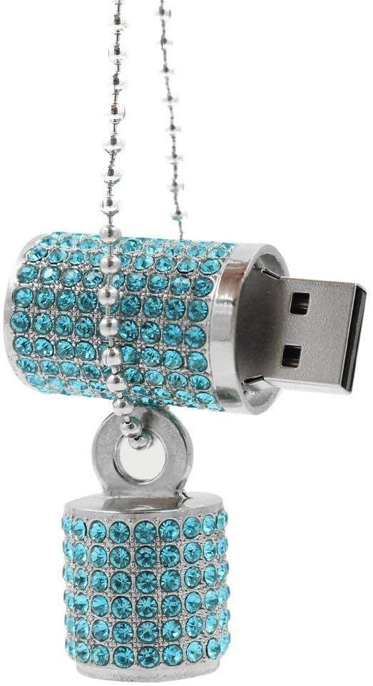  WooTeck USB Flash Drive,Bling Rhinestone Diamond Crystal Glitter Lipstick Case Shining Jewelry Necklace,32GB,Lake Blue