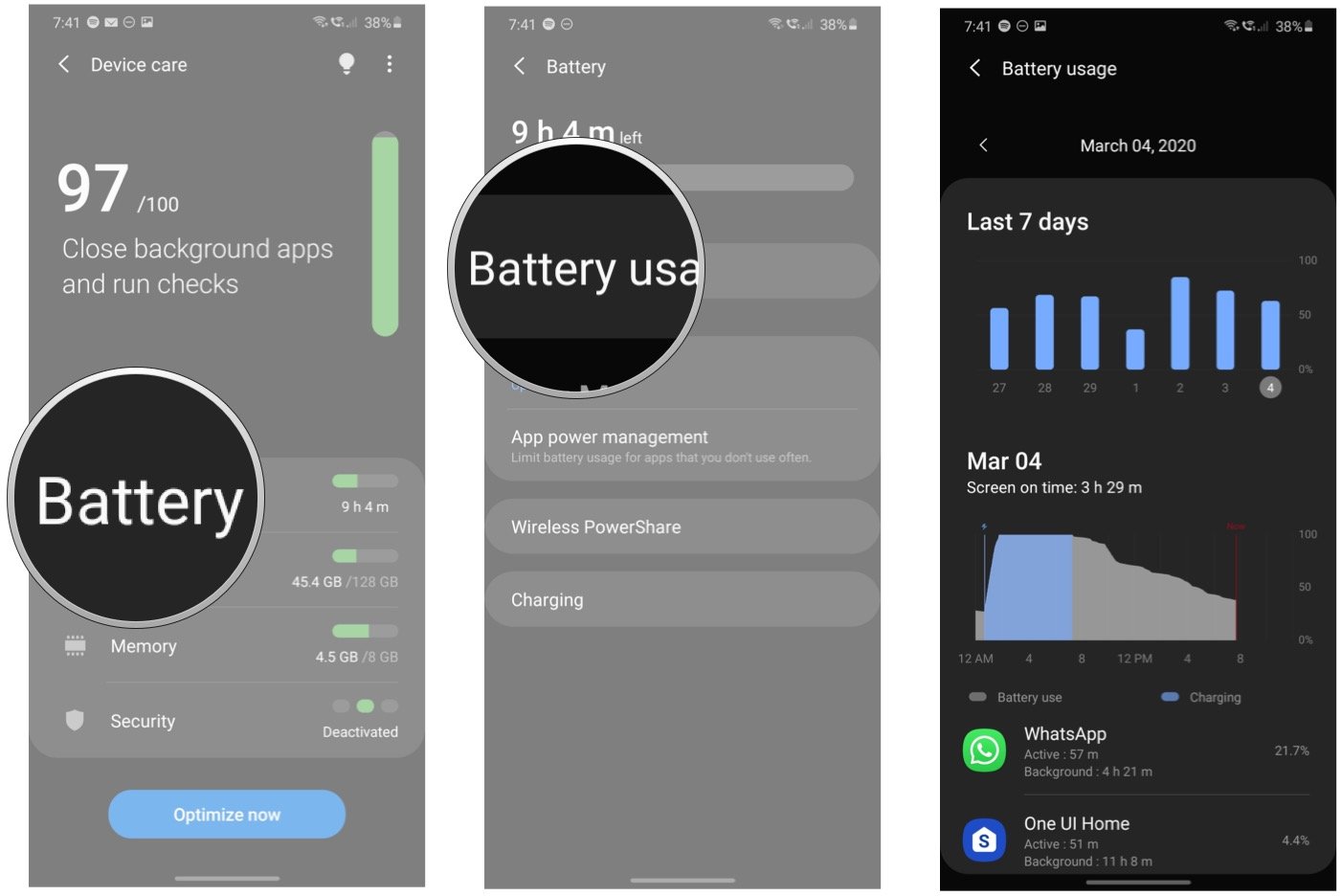 How to view battery usage statistics on the Galaxy S20