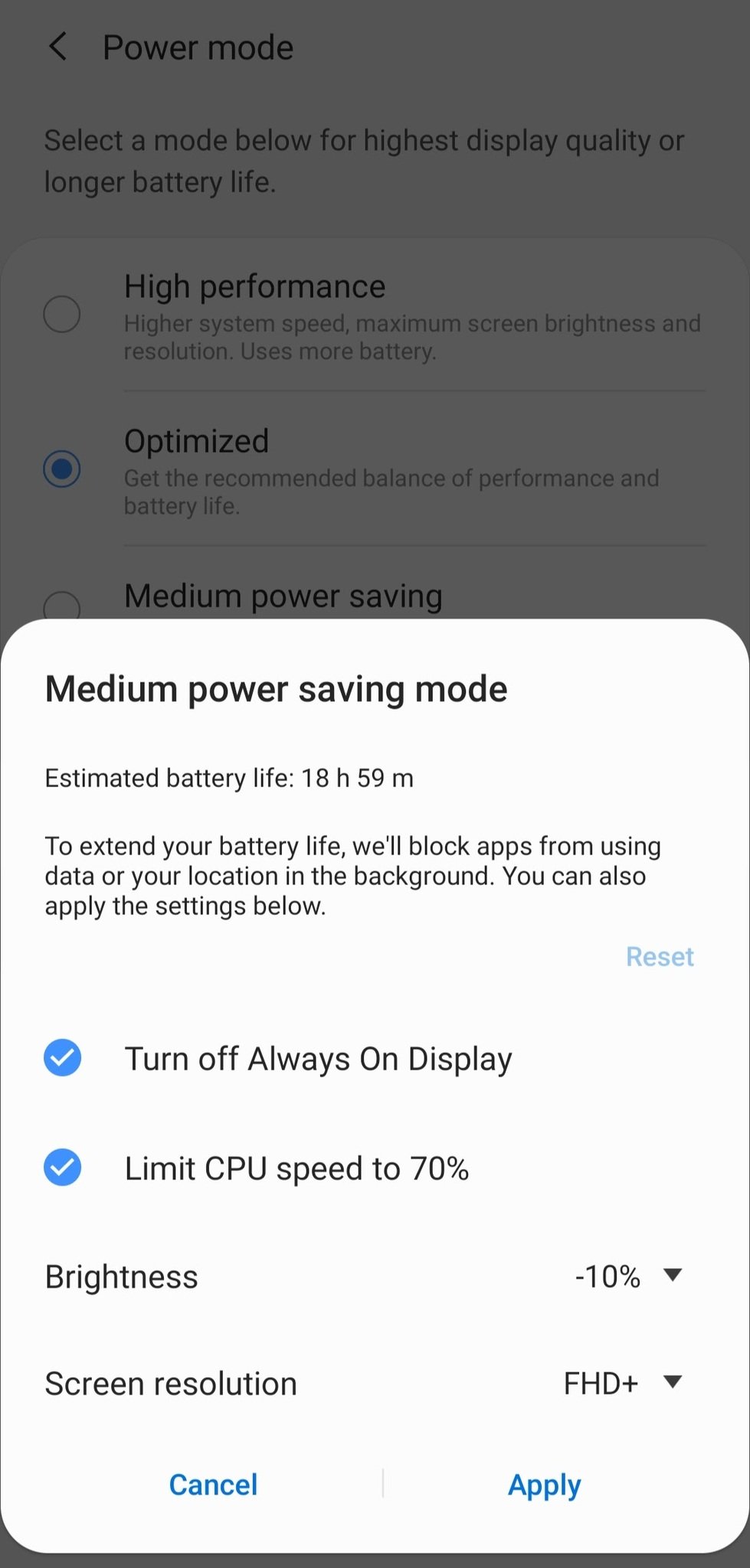 Galaxy S20 Ultra power saving mode settings
