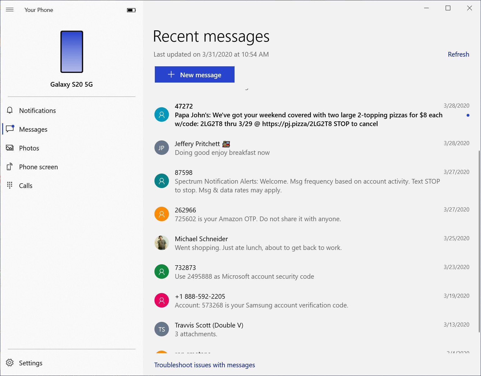 Microsoft Your Phone Message Sync