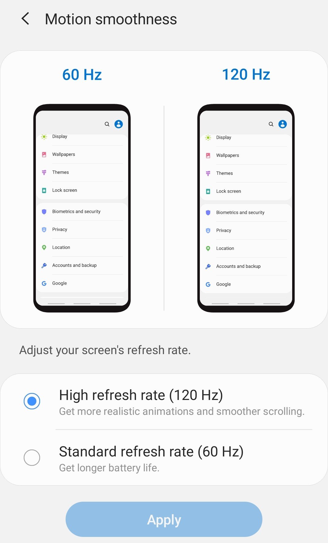 Galaxy S20 screen refresh settings