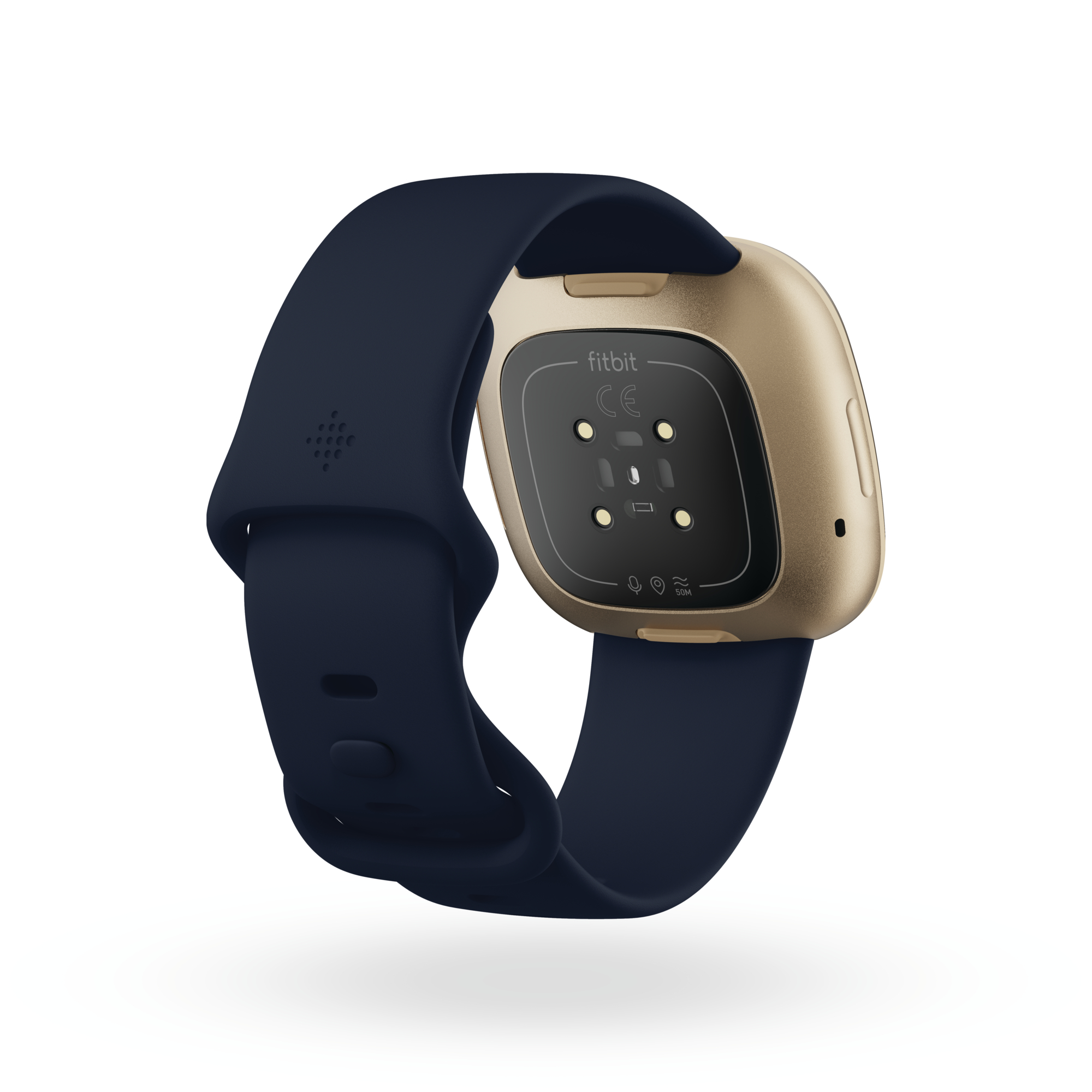 Product render of Fitbit Versa 3, back view, in Midnight and Soft Gold Aluminum.