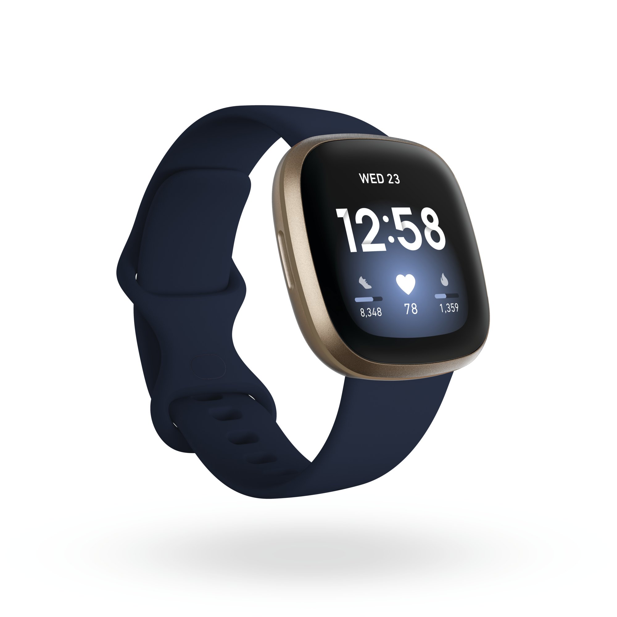 Product render of Fitbit Versa 3, 3QTR view, in Midnight and Soft Gold Aluminum.