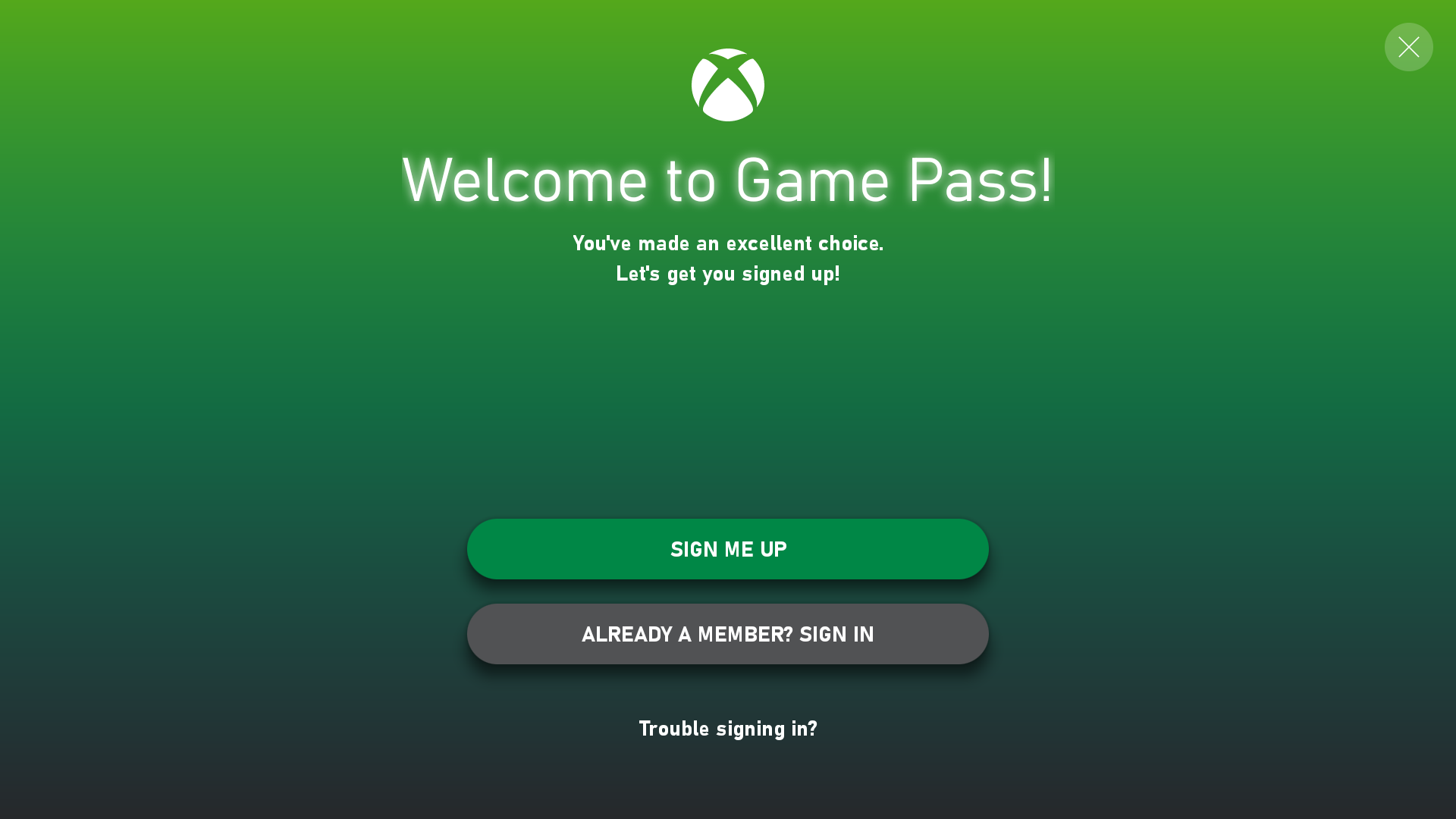Game Pass login screen