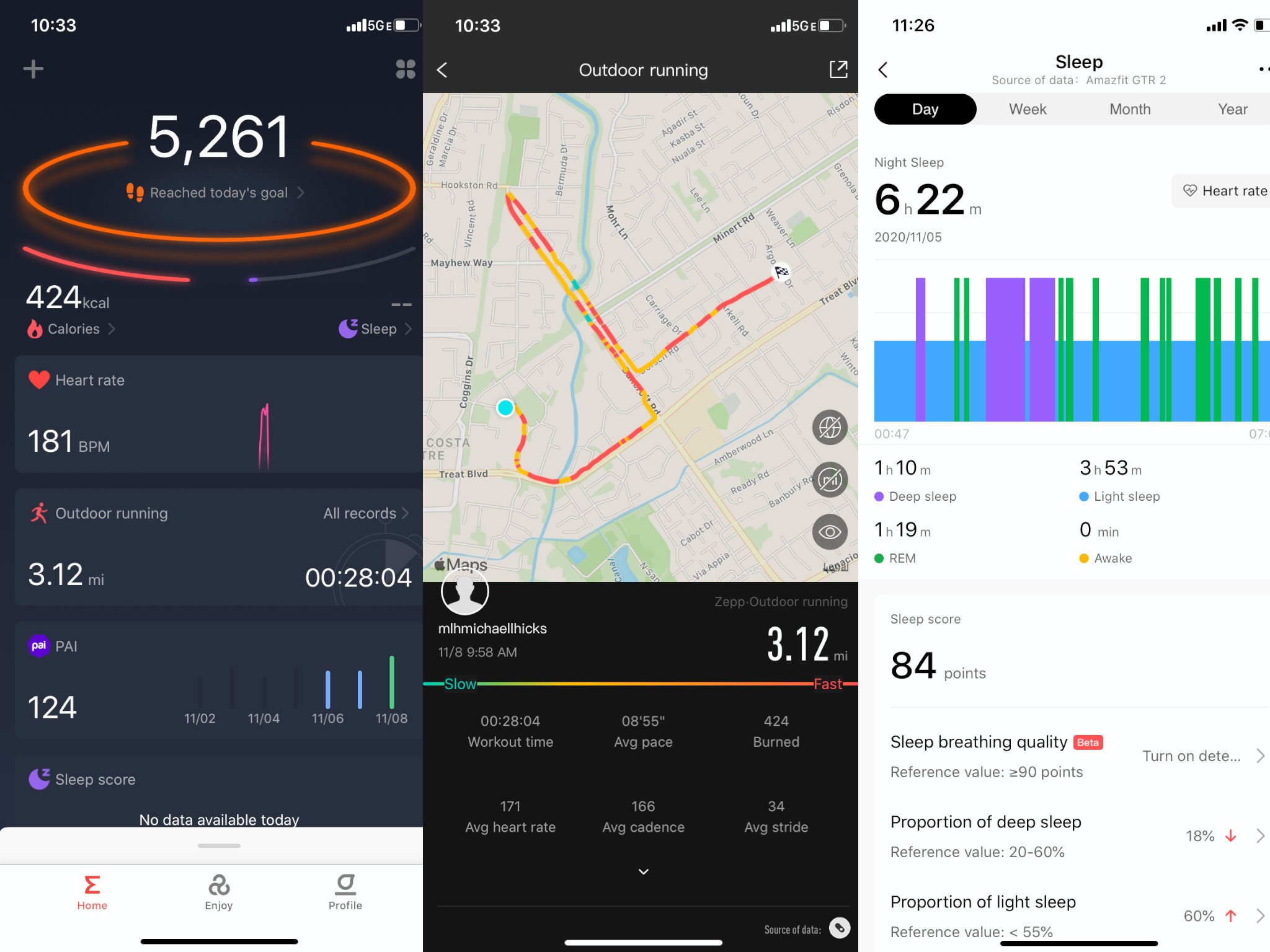 Screenshots from the Zepp app showing fitness tracking, a workout history and sleep tracking data