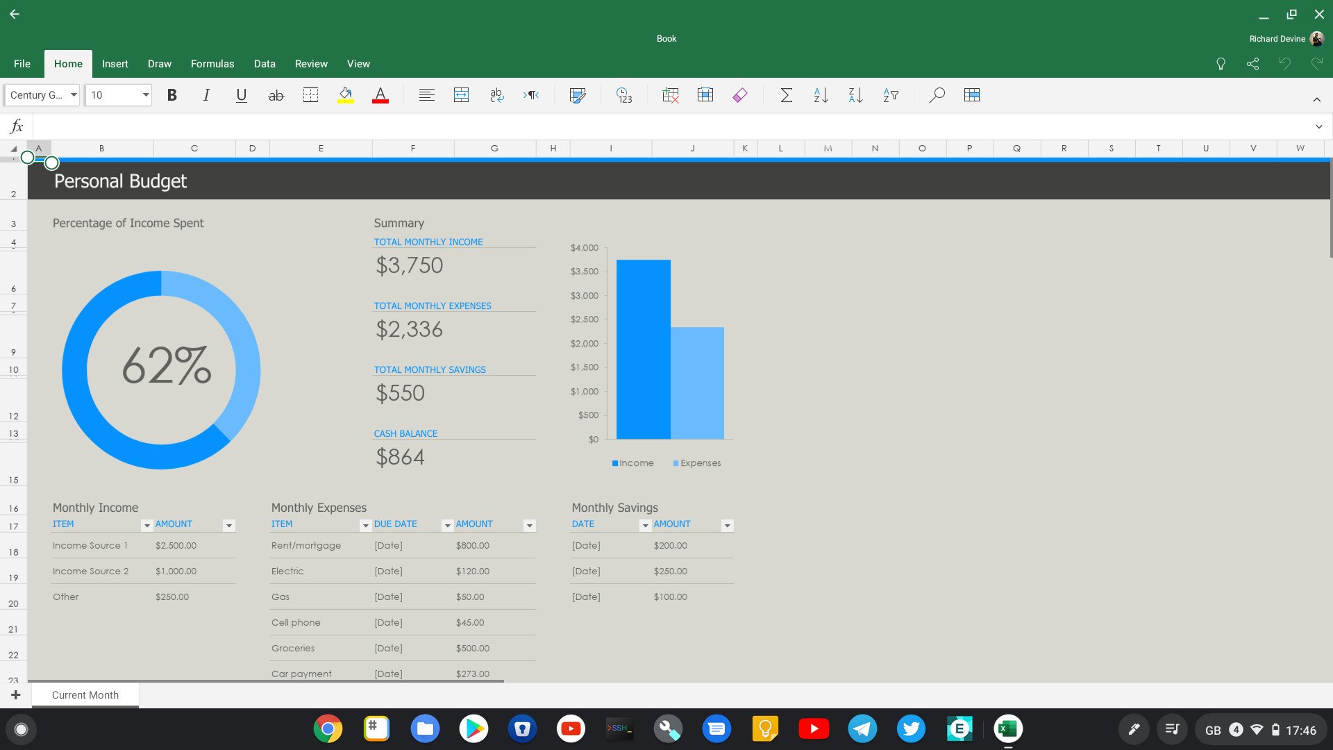Microsoft Excel on a Chromebook