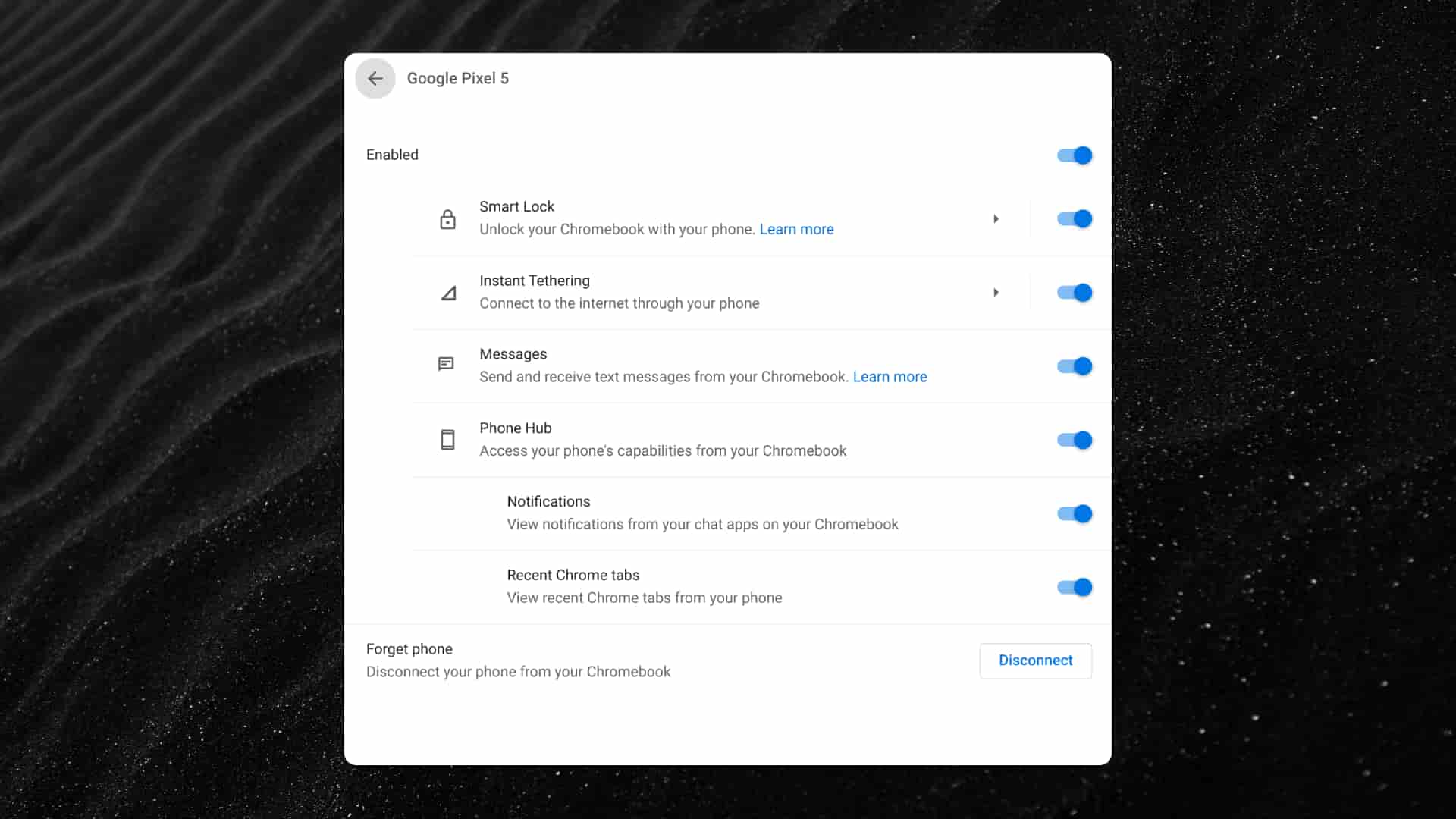 Phone Hub settings for Chrome OS Canary