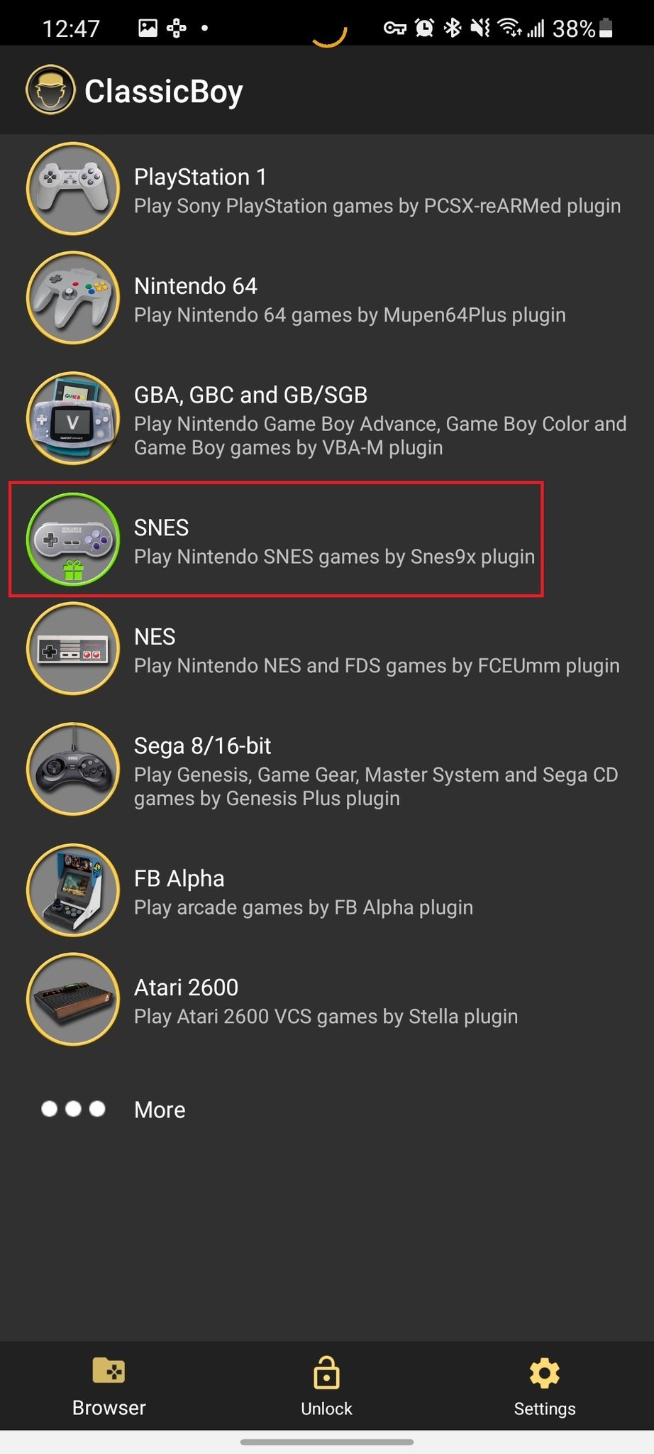 Select Snes from the Classicboy list