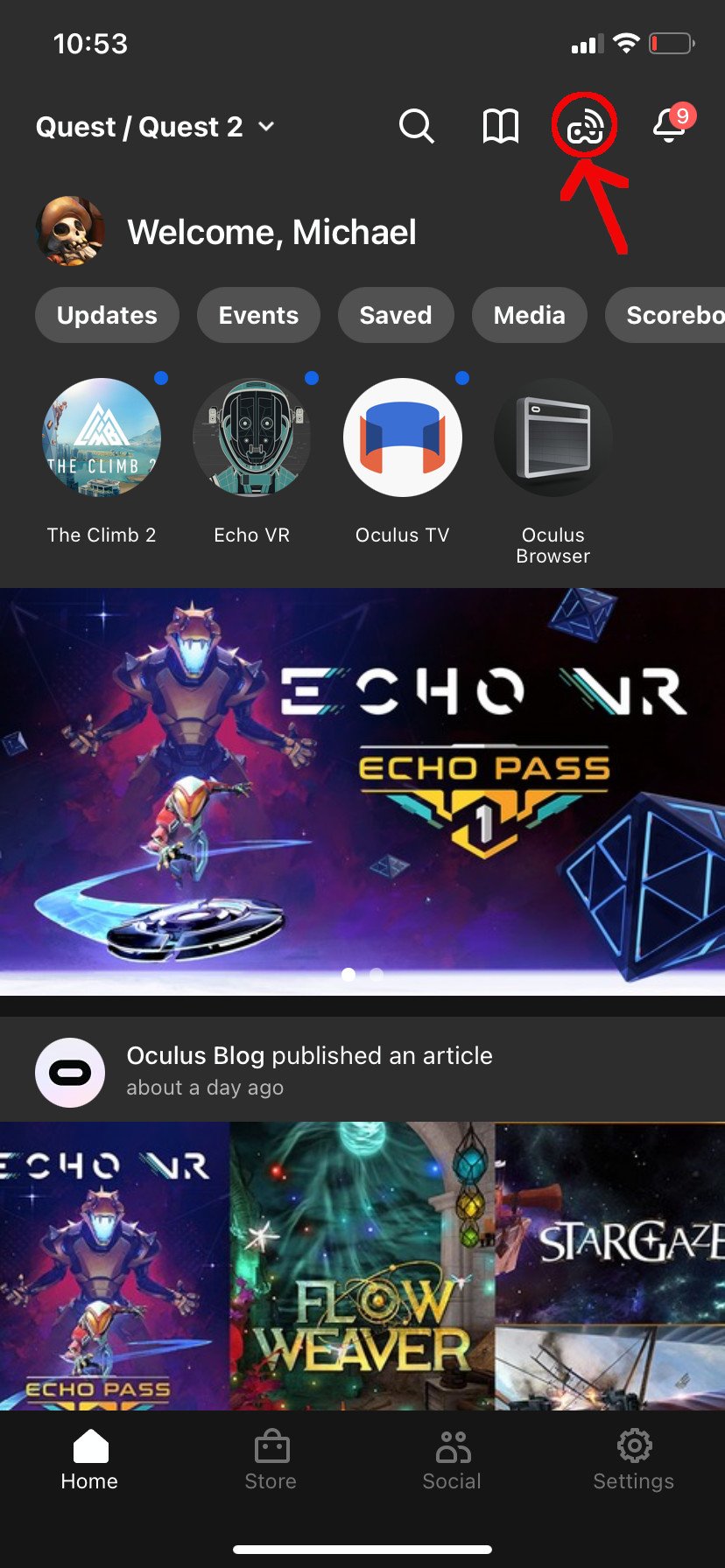 Oculus app home screen, with arrow pointed to Cast button