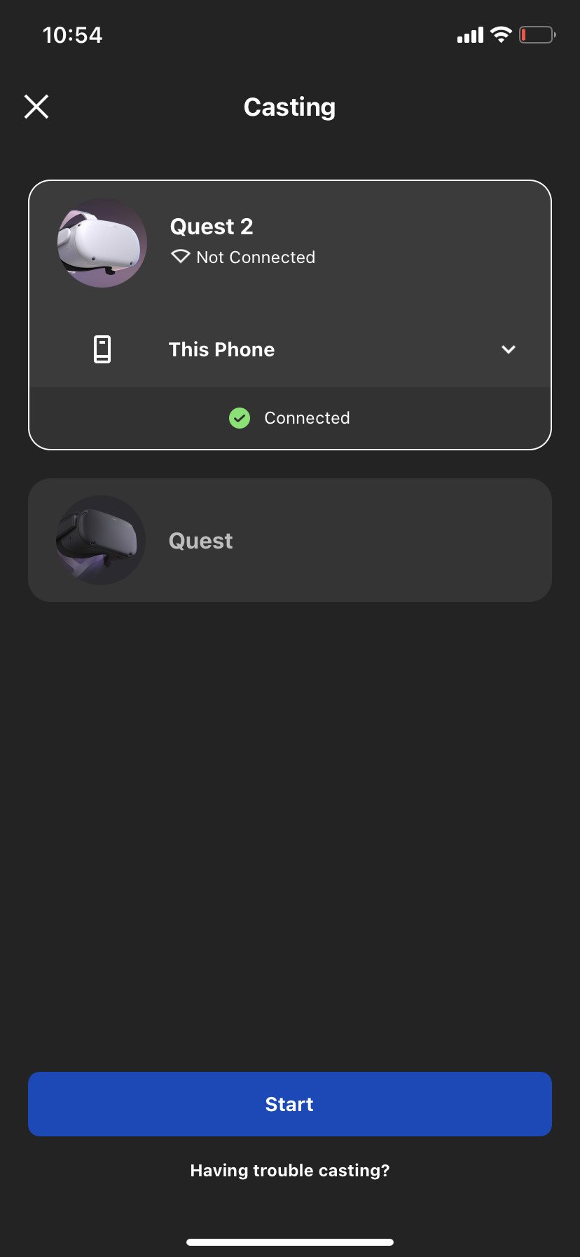 Oculus app menu with option to cast Oculus Quest 2 headset footage