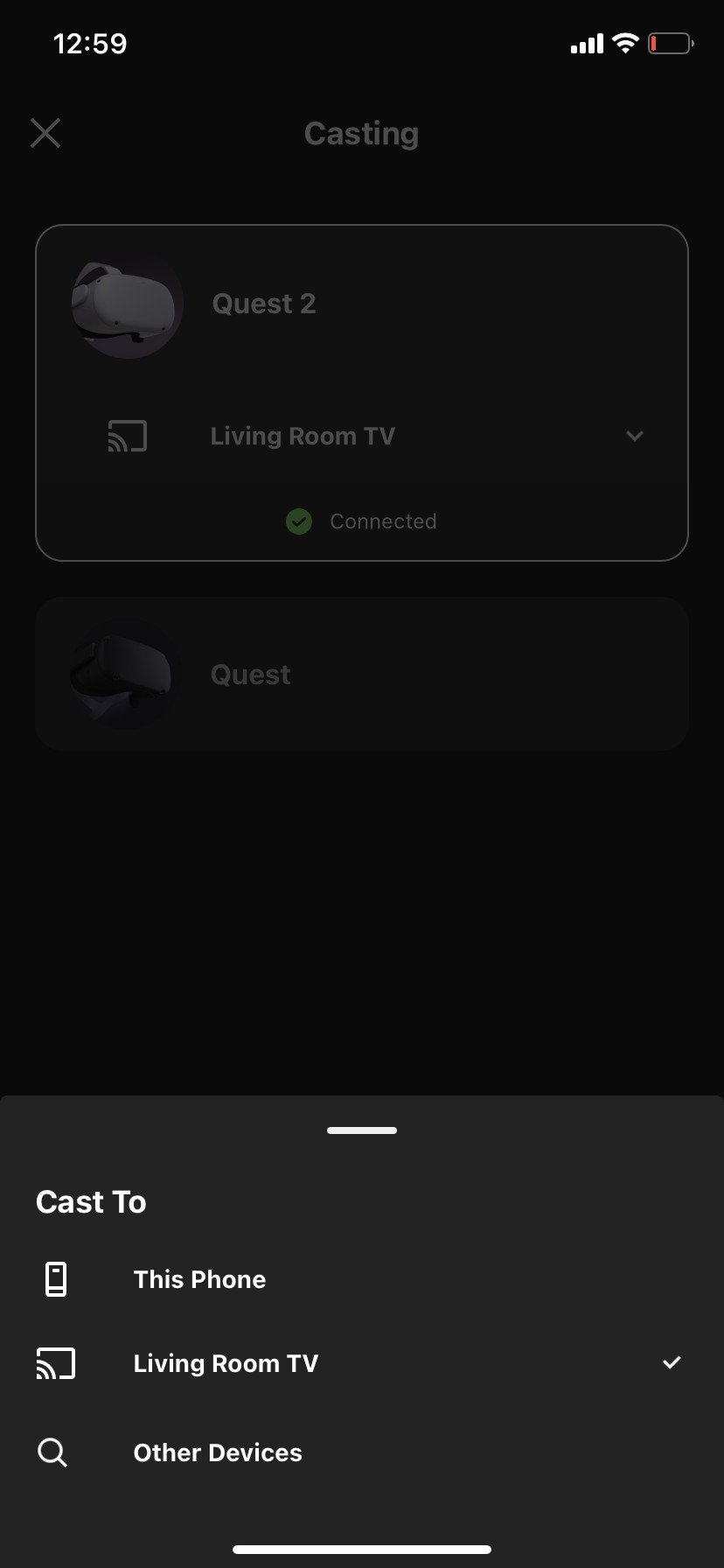 Oculus app sub-menu for casting to different devices